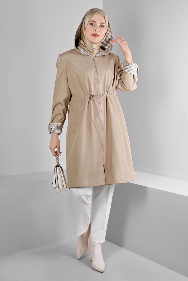 Hijab clothing BEIGE SHOULDER PADDED TRENCH-COAT 10696 - ALVİNA