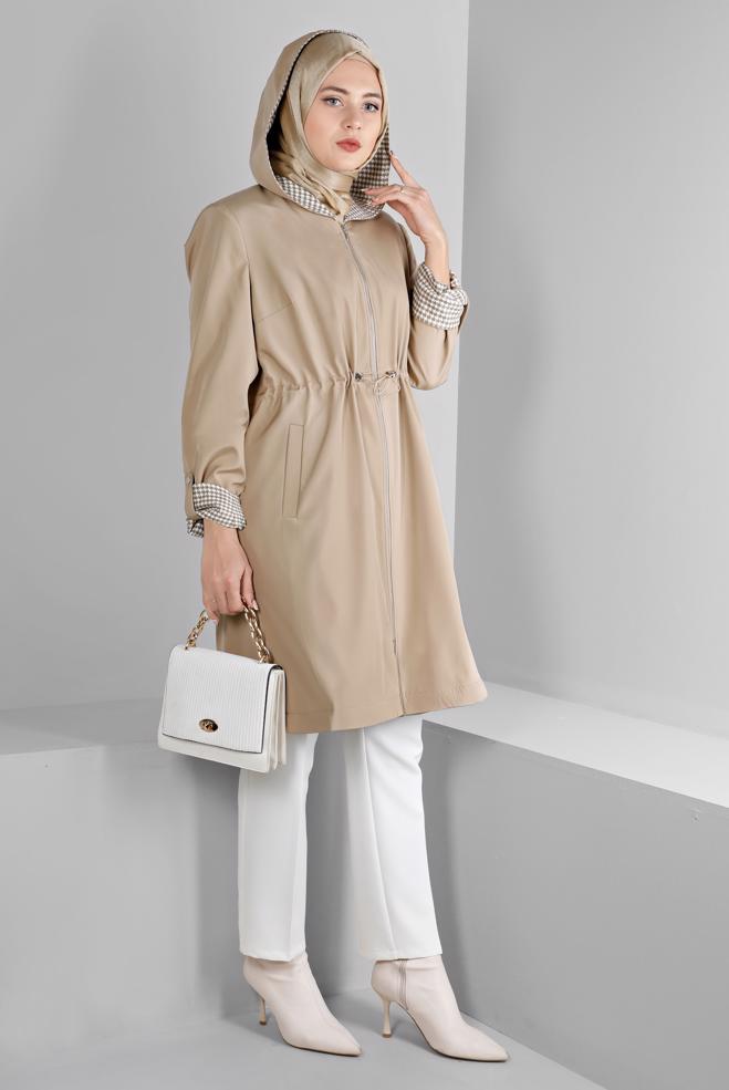 Hijab clothing BEIGE SHOULDER PADDED TRENCH-COAT 10696 - ALVİNA