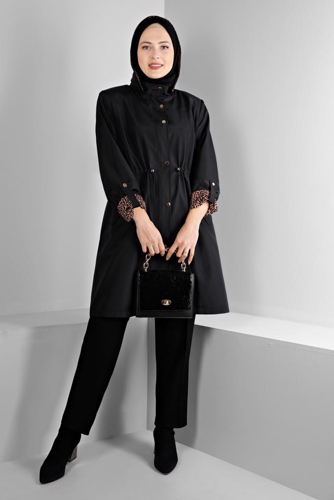 Hijab clothing BLACK SHOULDER PADDED TRENCH-COAT 10697 - ALVİNA