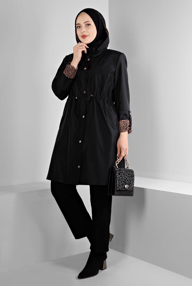 Hijab clothing BLACK SHOULDER PADDED TRENCH-COAT 10697 - ALVİNA