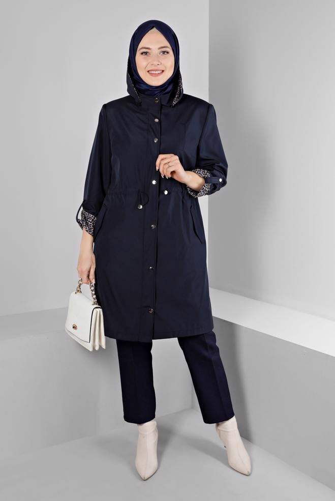 Hijab clothing NAVY BLUE SHOULDER PADDED TRENCH-COAT 10697 - ALVİNA