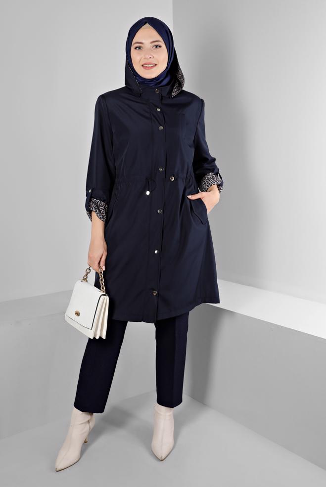Hijab clothing NAVY BLUE SHOULDER PADDED TRENCH-COAT 10697 - ALVİNA