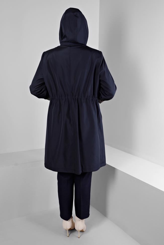 Hijab clothing NAVY BLUE SHOULDER PADDED TRENCH-COAT 10697 - ALVİNA
