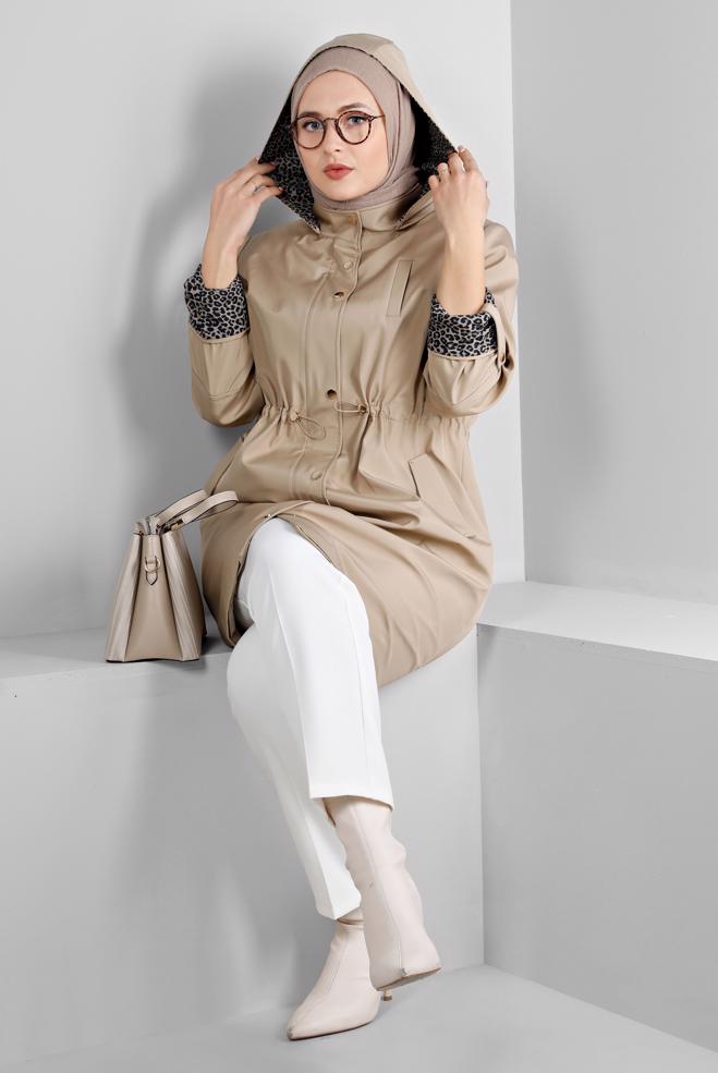 Hijab clothing BEIGE SHOULDER PADDED TRENCH-COAT 10697 - ALVİNA