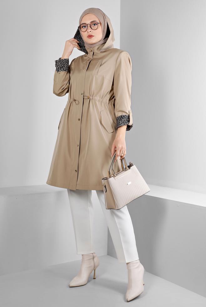 Hijab clothing BEIGE SHOULDER PADDED TRENCH-COAT 10697 - ALVİNA