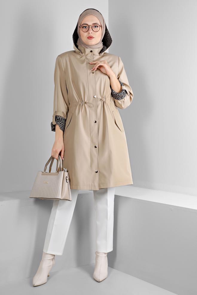 Hijab clothing BEIGE SHOULDER PADDED TRENCH-COAT 10697 - ALVİNA