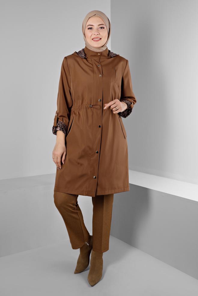 Hijab clothing BROWN SHOULDER PADDED TRENCH-COAT 10697 - ALVİNA