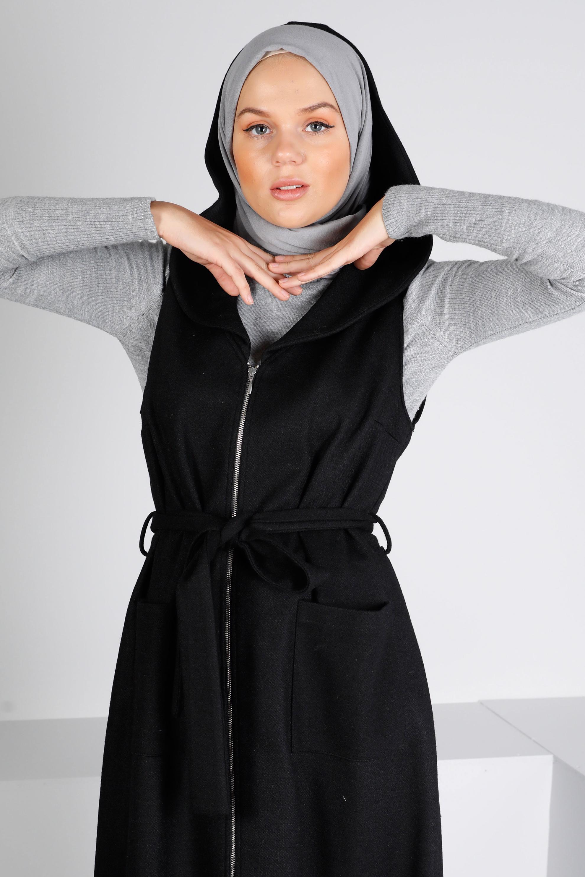 Vêtements hijab NOIR GILET À CAPUCHE ET CEINTURÉ 43432
