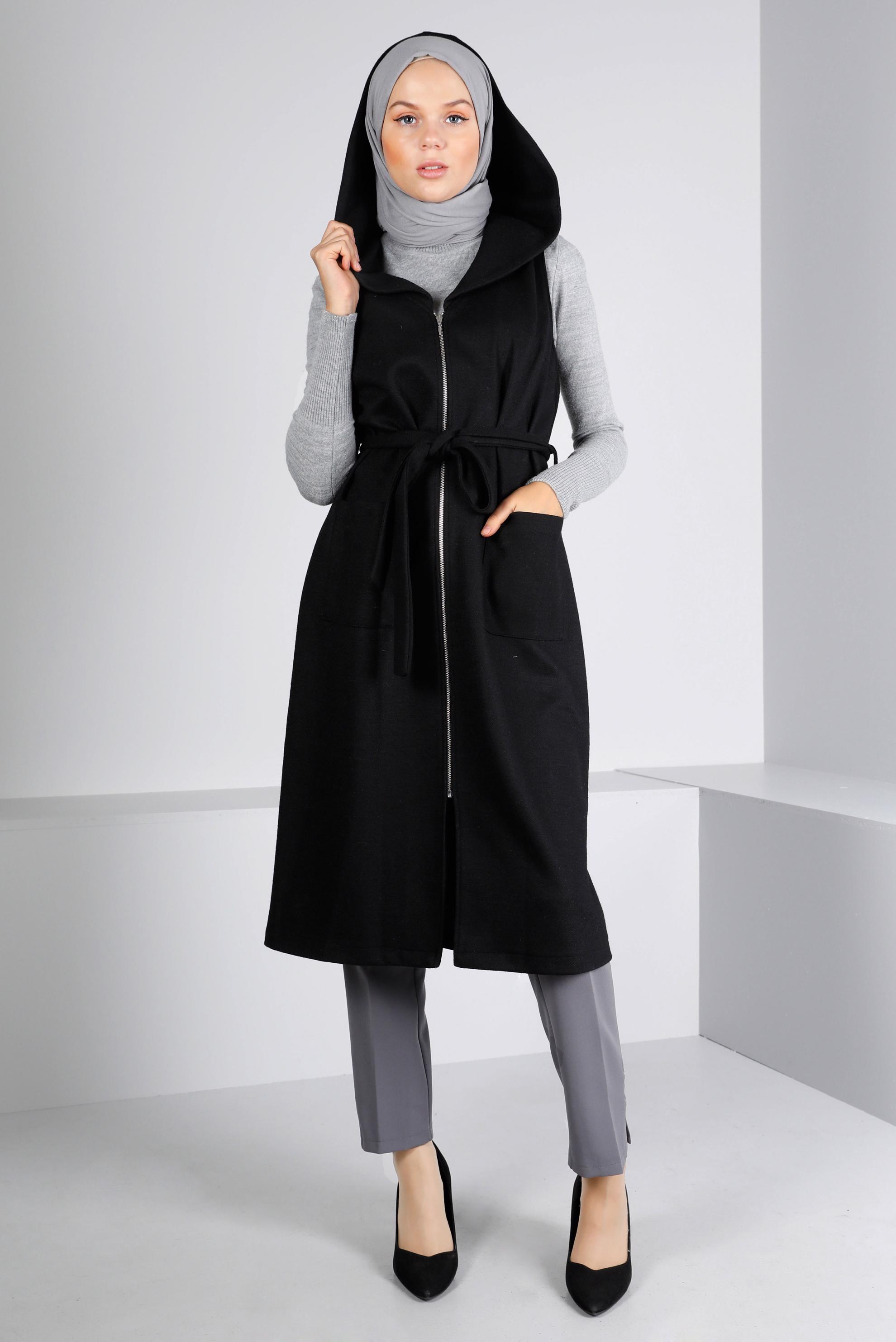 Vêtements hijab NOIR GILET À CAPUCHE ET CEINTURÉ 43432