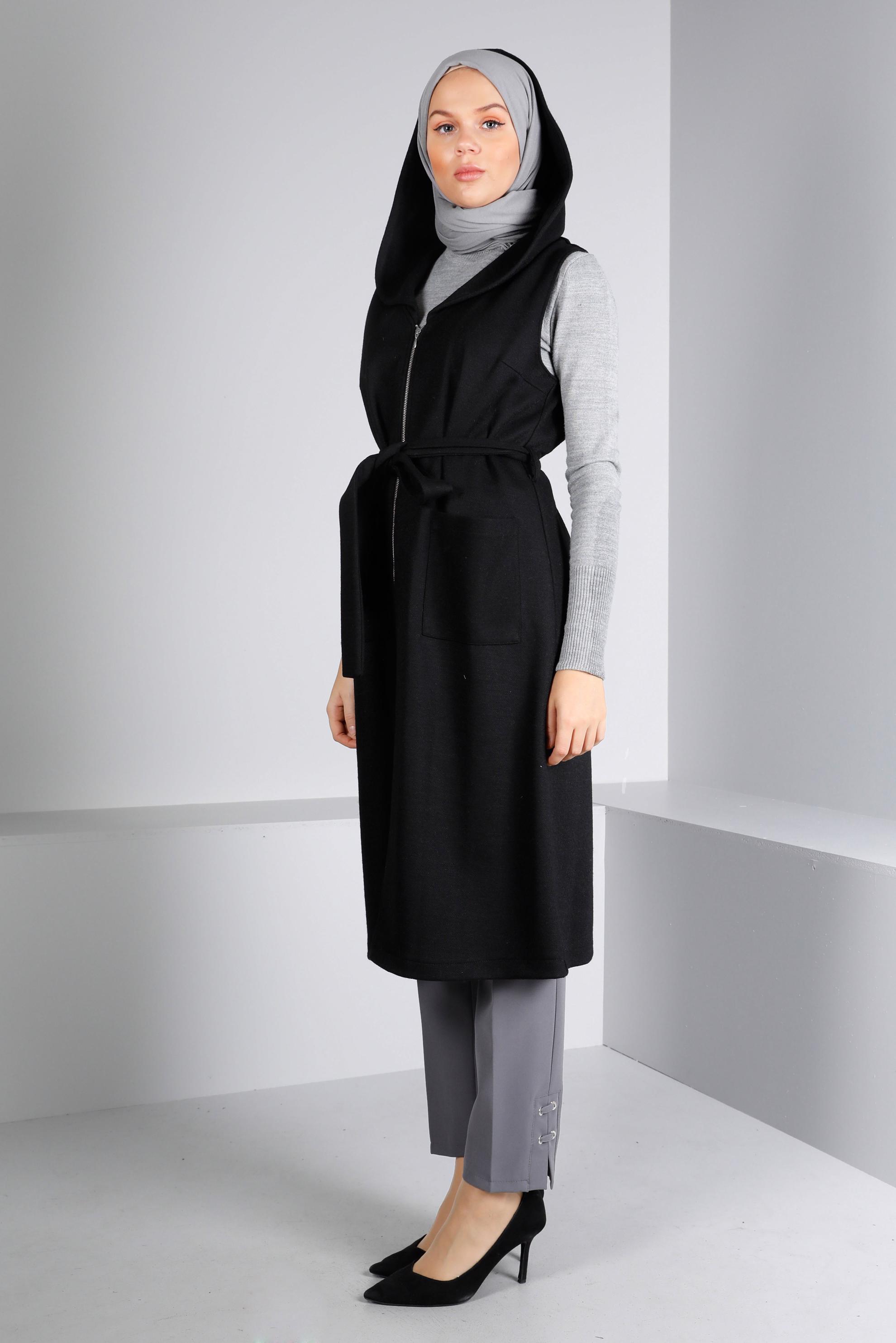 Vêtements hijab NOIR GILET À CAPUCHE ET CEINTURÉ 43432