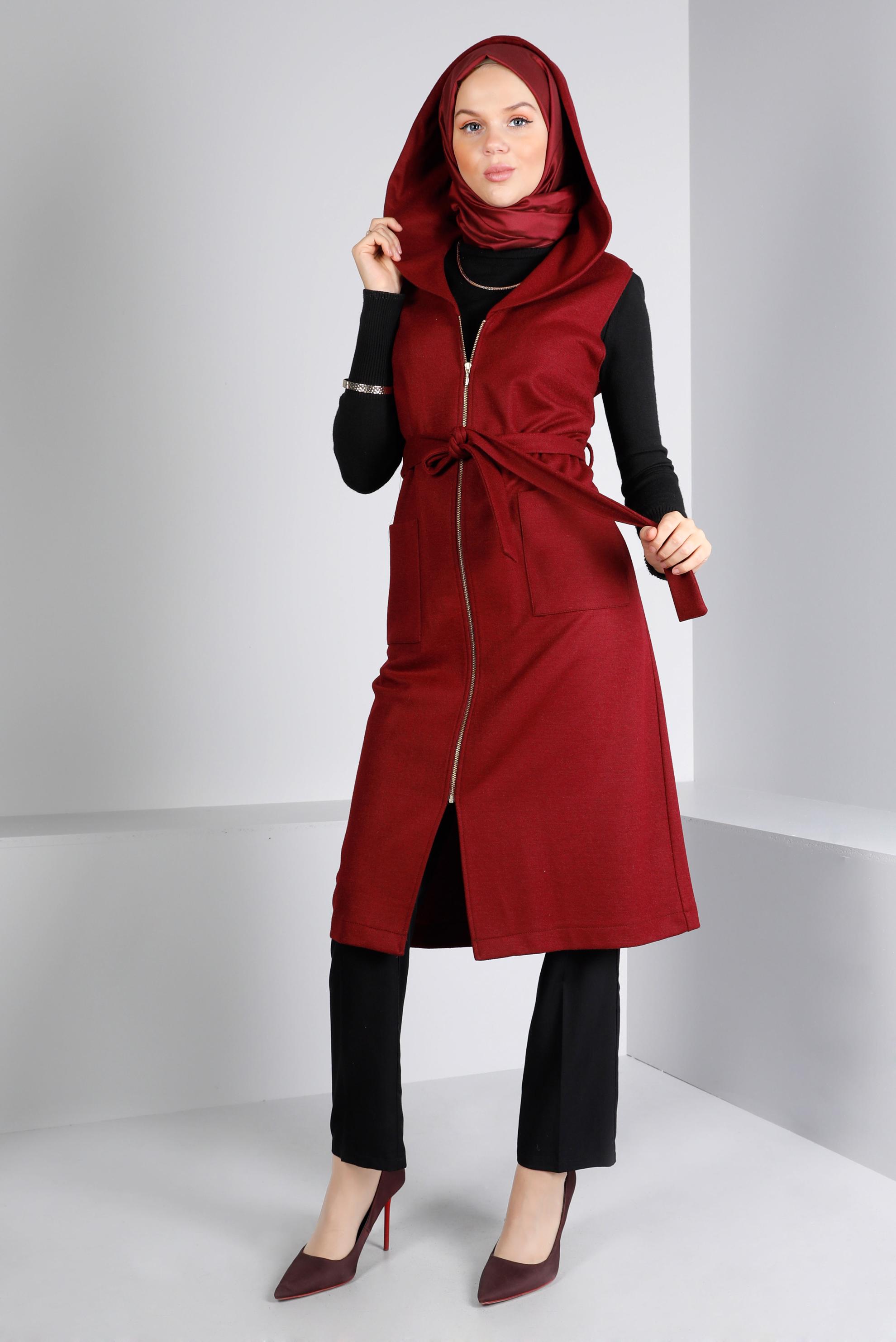 Tesettür giyim BORDO KAPÜŞONLU KUŞAKLI YELEK 43432 