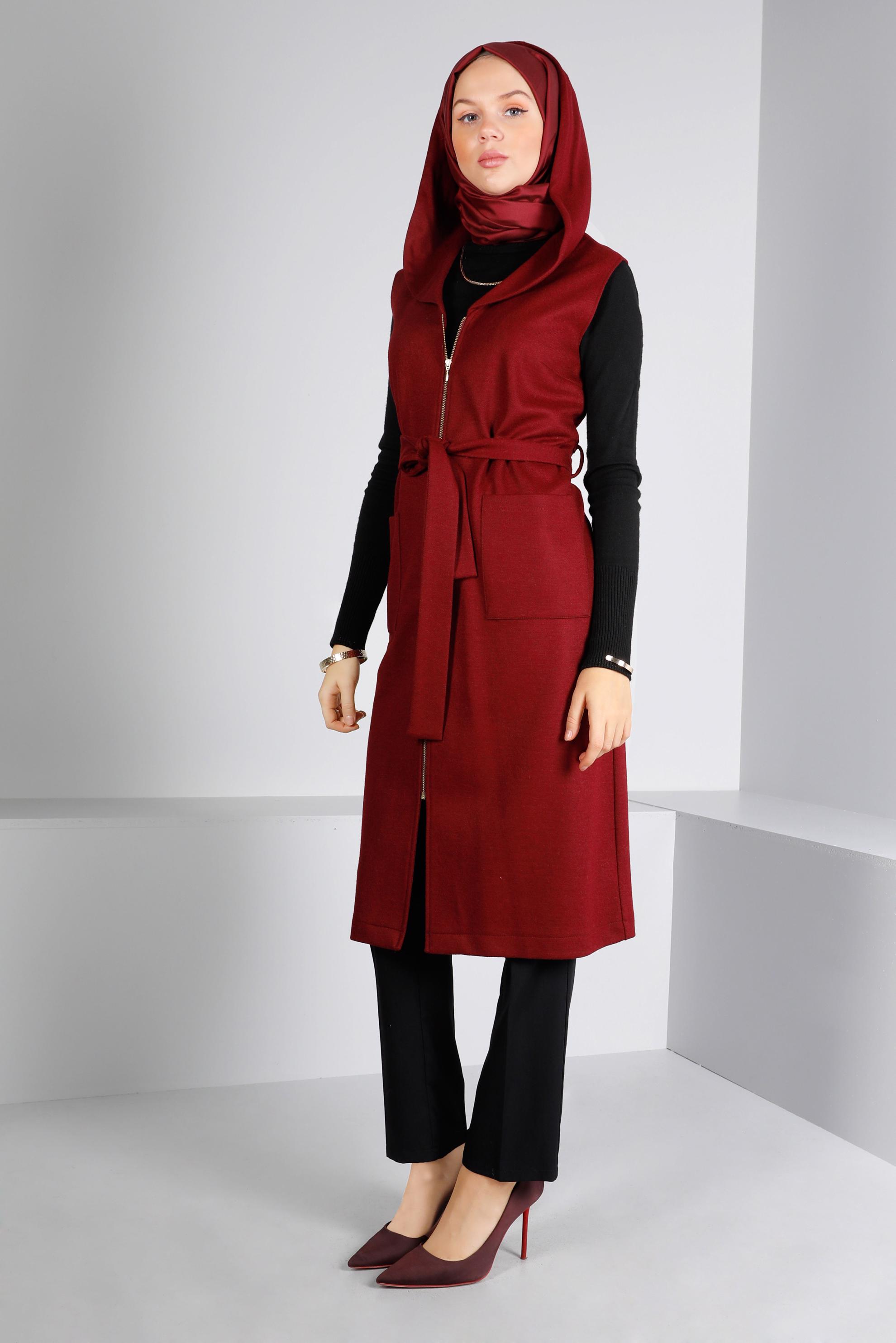 Tesettür giyim BORDO KAPÜŞONLU KUŞAKLI YELEK 43432 
