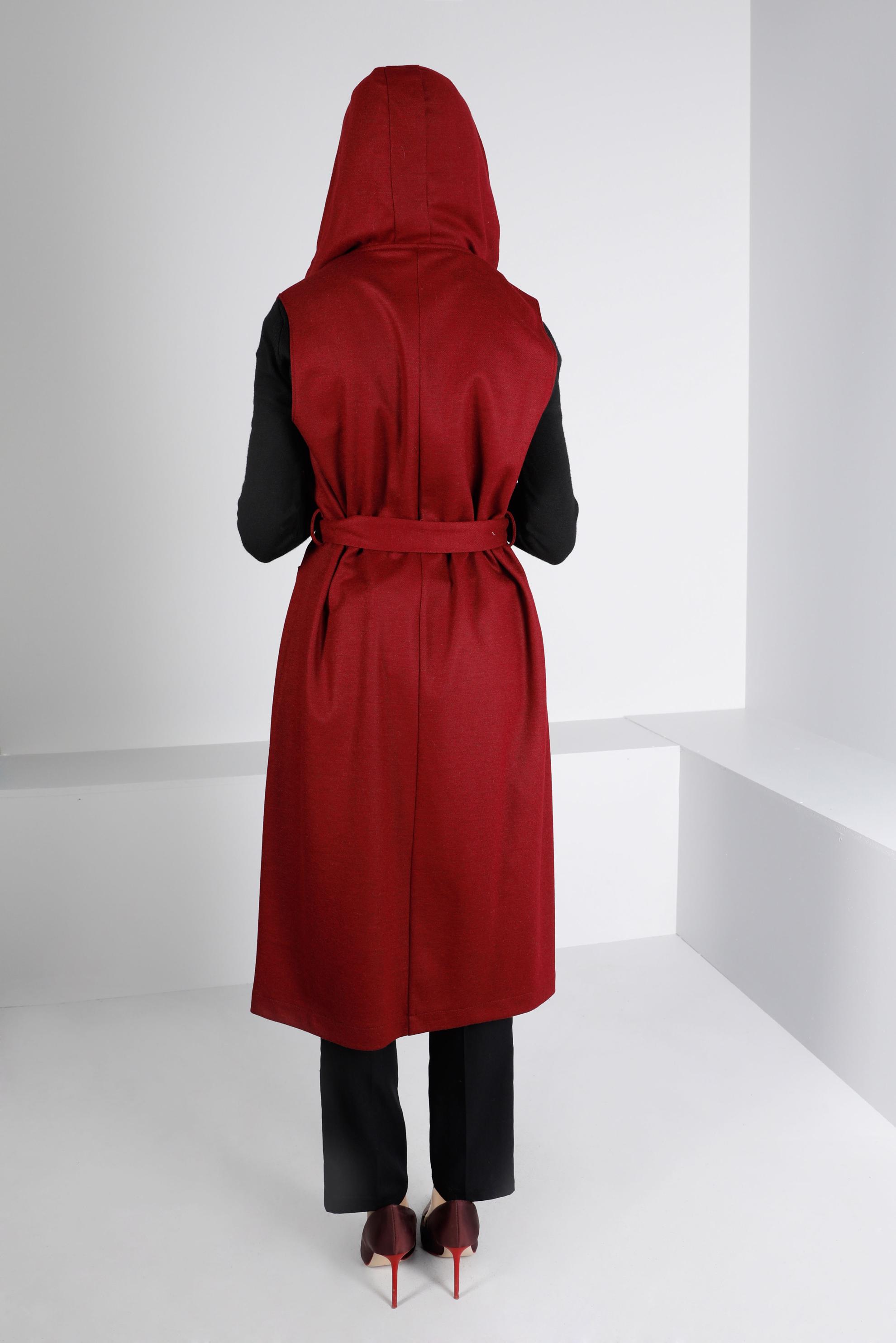 Tesettür giyim BORDO KAPÜŞONLU KUŞAKLI YELEK 43432 