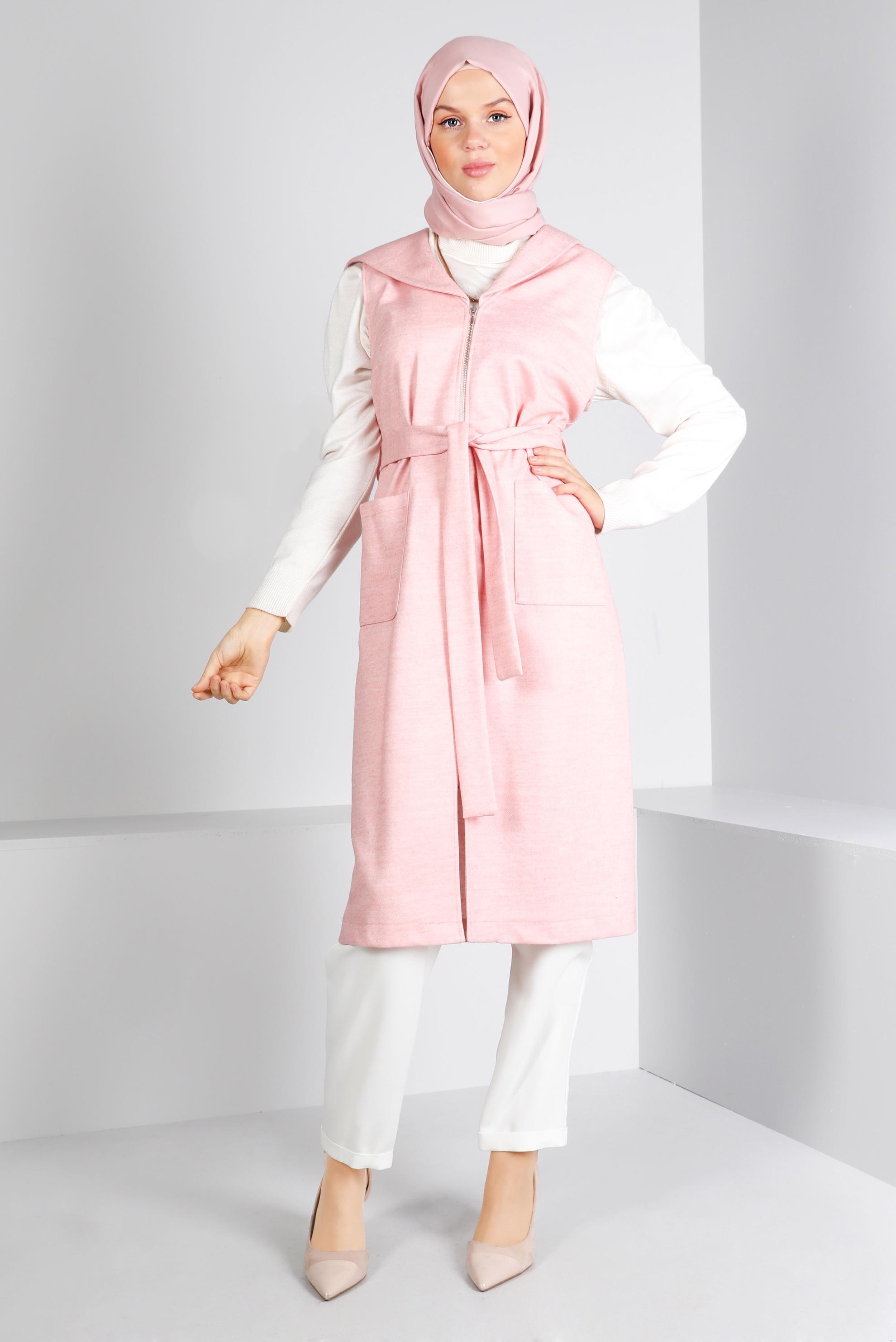 Tesettür giyim PUDRA KAPÜŞONLU KUŞAKLI YELEK 43432 