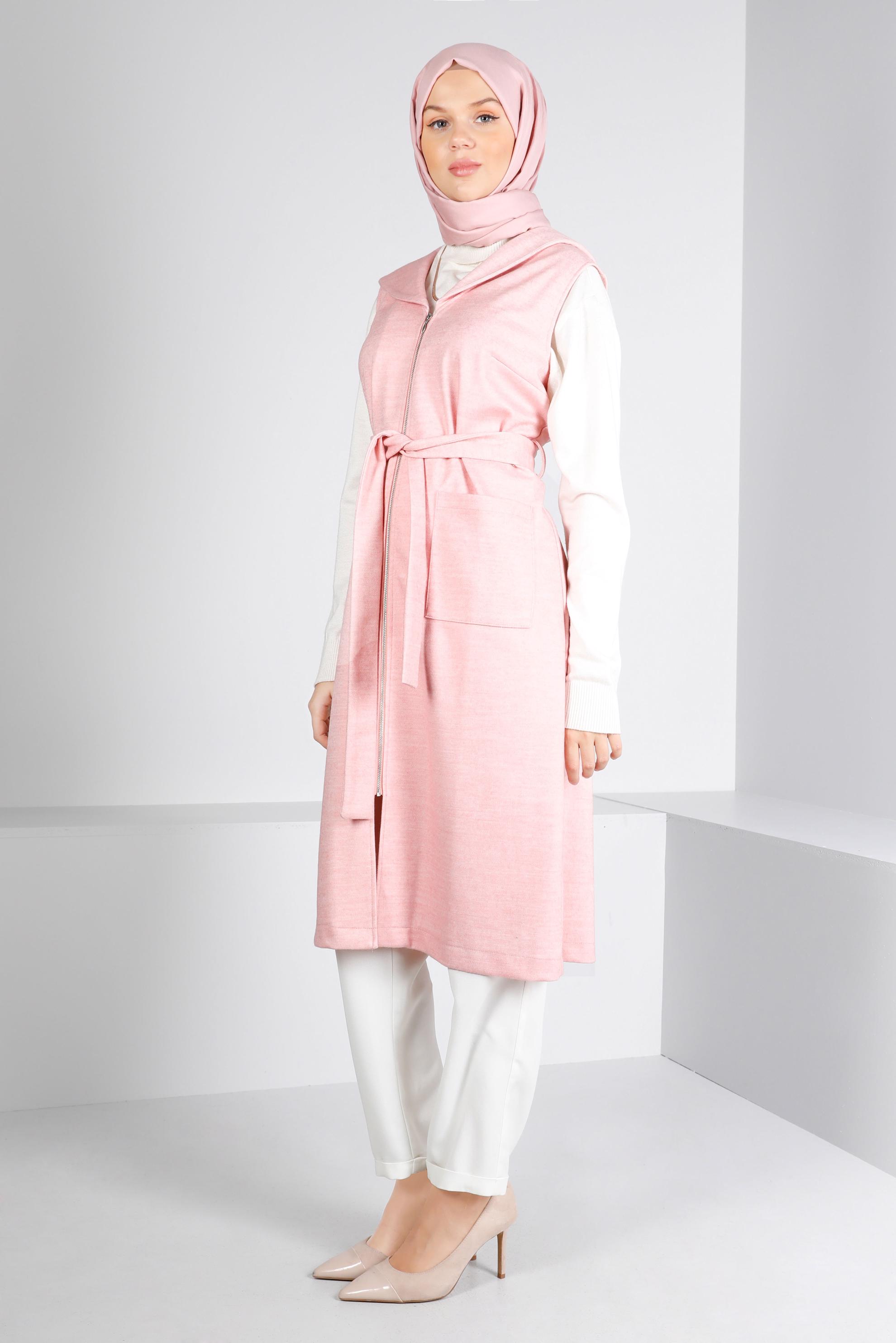 Tesettür giyim PUDRA KAPÜŞONLU KUŞAKLI YELEK 43432 