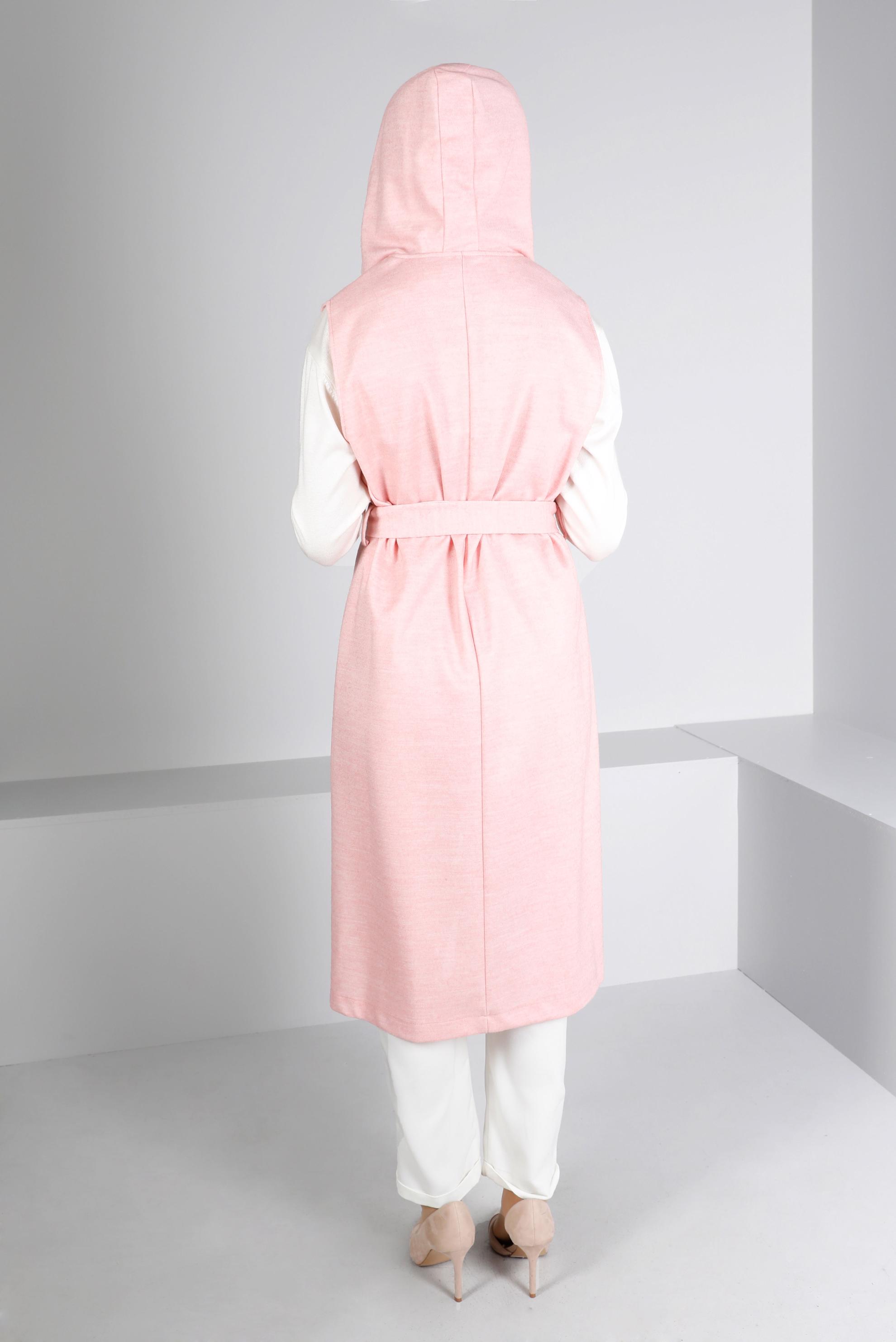 Tesettür giyim PUDRA KAPÜŞONLU KUŞAKLI YELEK 43432 