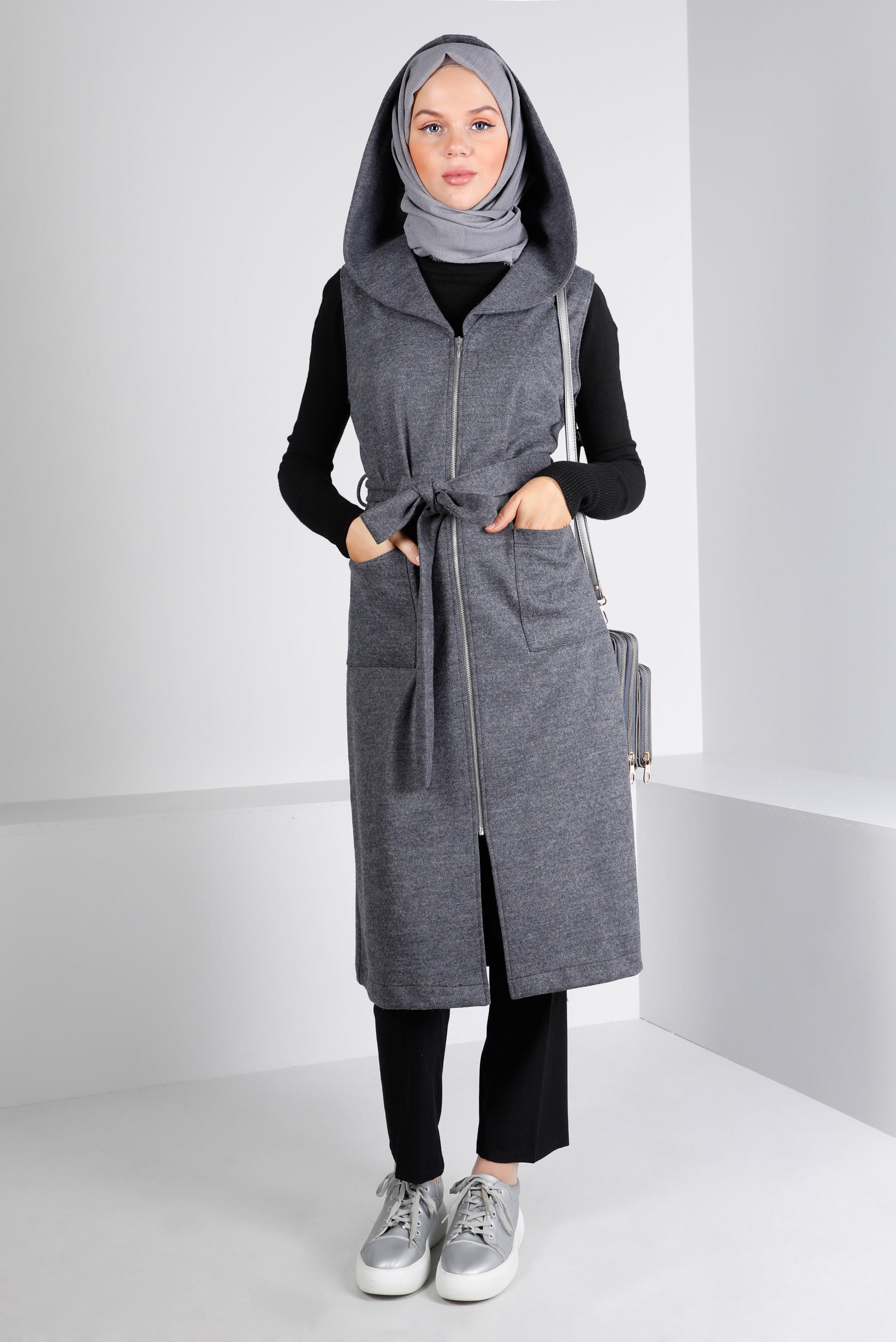 Vêtements hijab GRIS GILET À CAPUCHE ET CEINTURÉ 43432