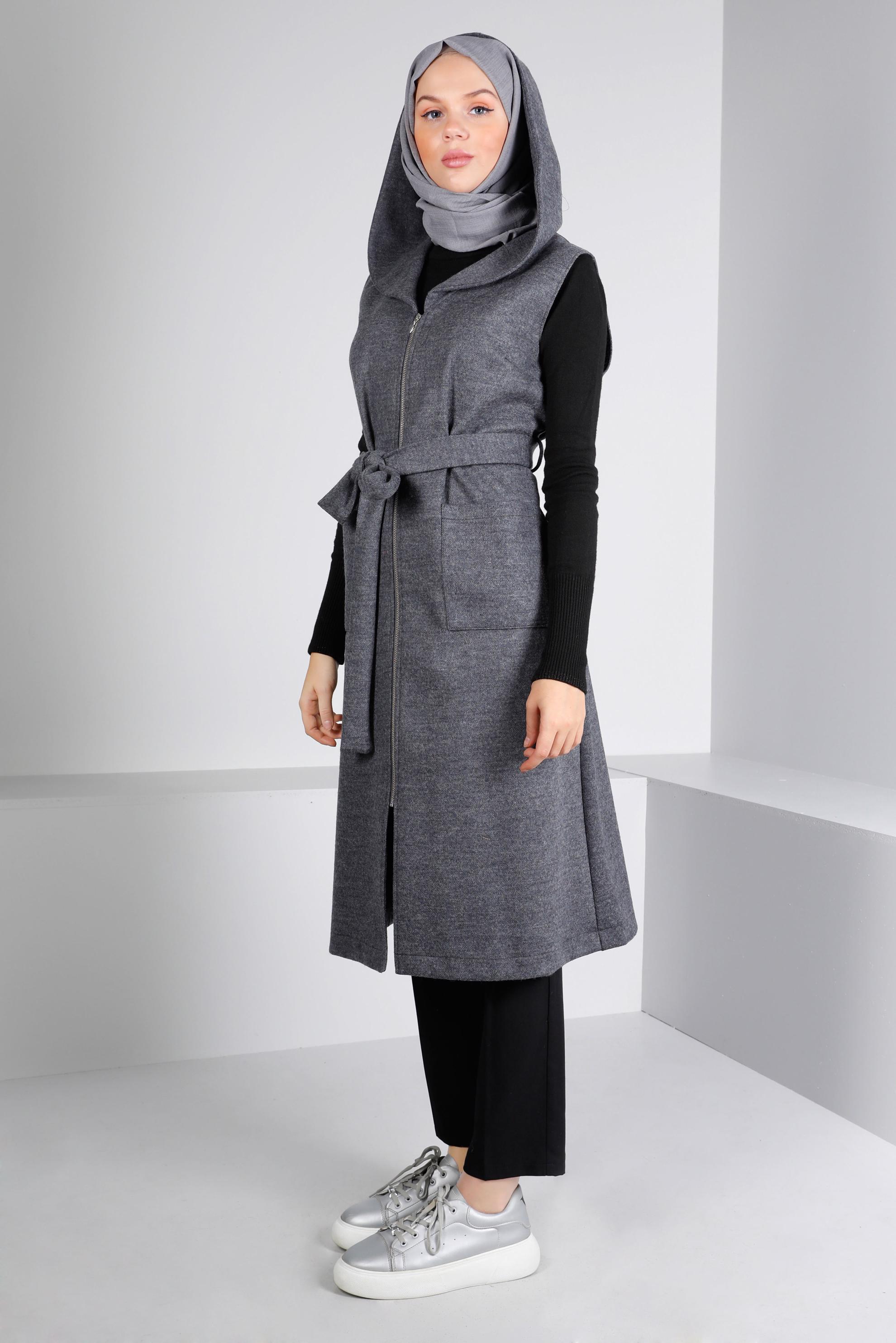 Vêtements hijab GRIS GILET À CAPUCHE ET CEINTURÉ 43432