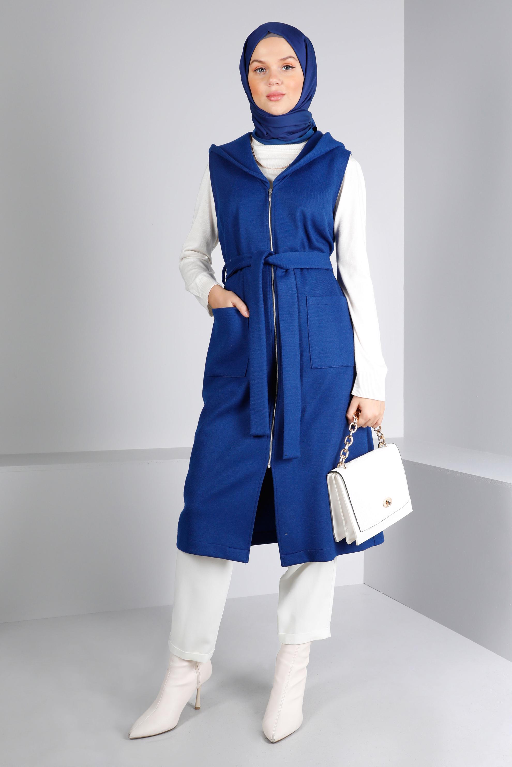 Tesettür giyim LACİVERT KAPÜŞONLU KUŞAKLI YELEK 43432 