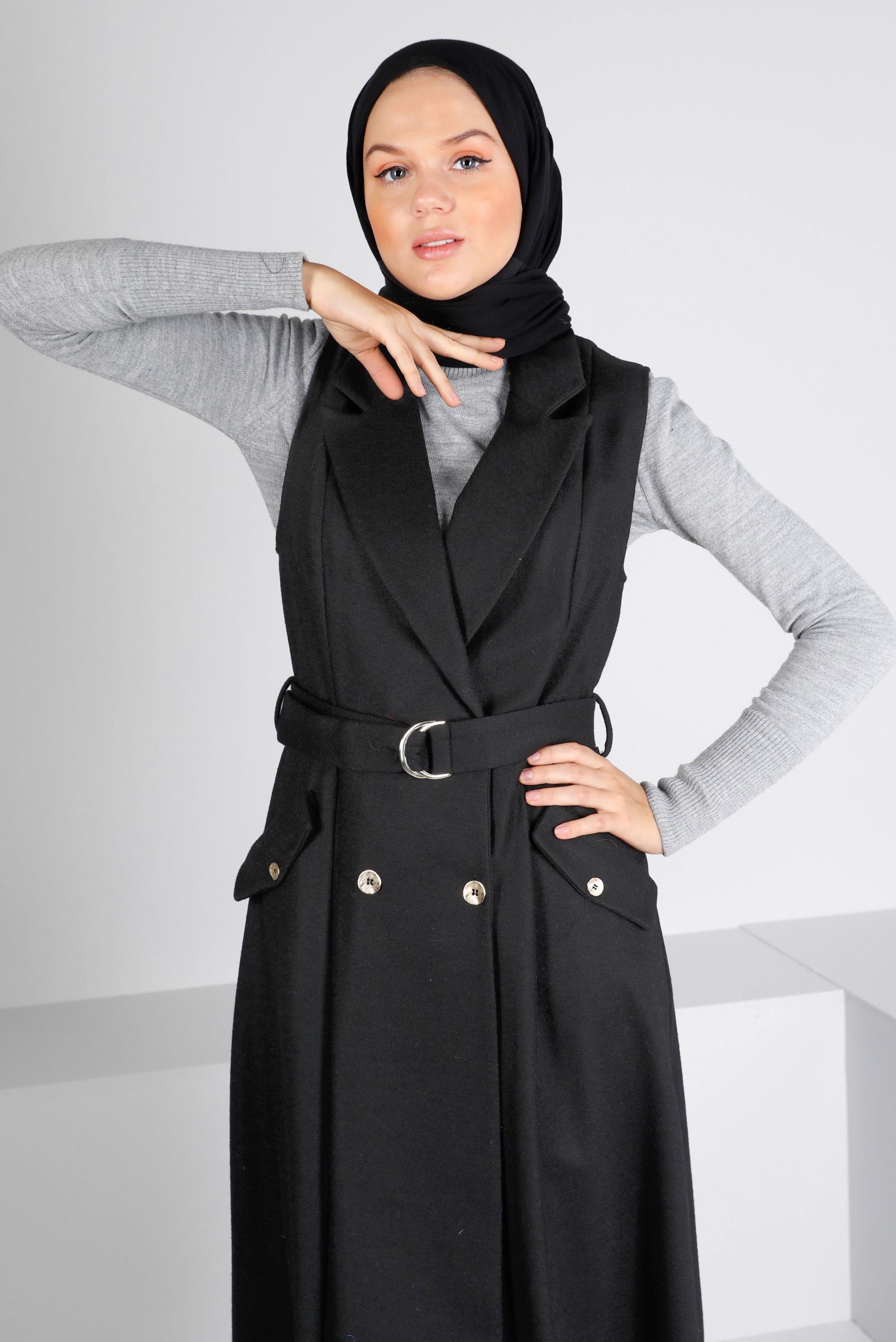 Hijab clothing BLACK DOUBLE BREASTED BELTED VEST 43433