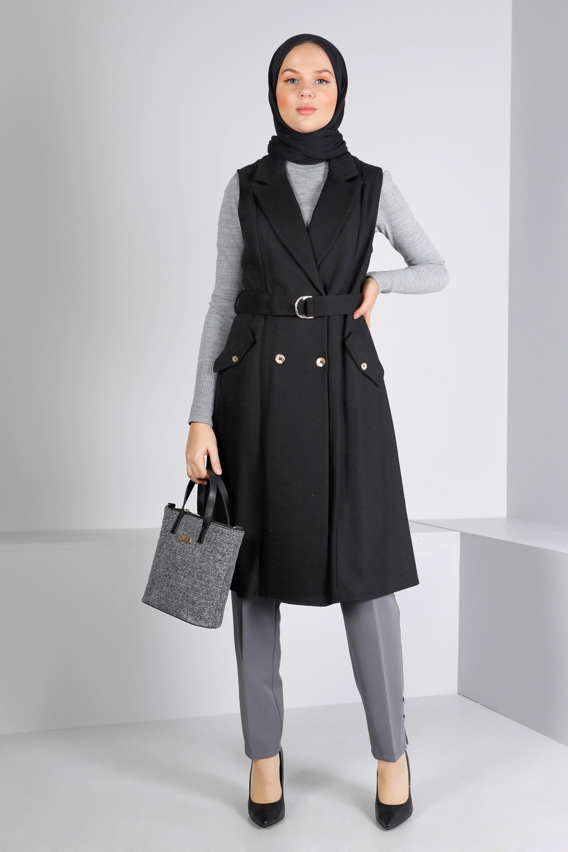 Hijab clothing BLACK DOUBLE BREASTED BELTED VEST 43433