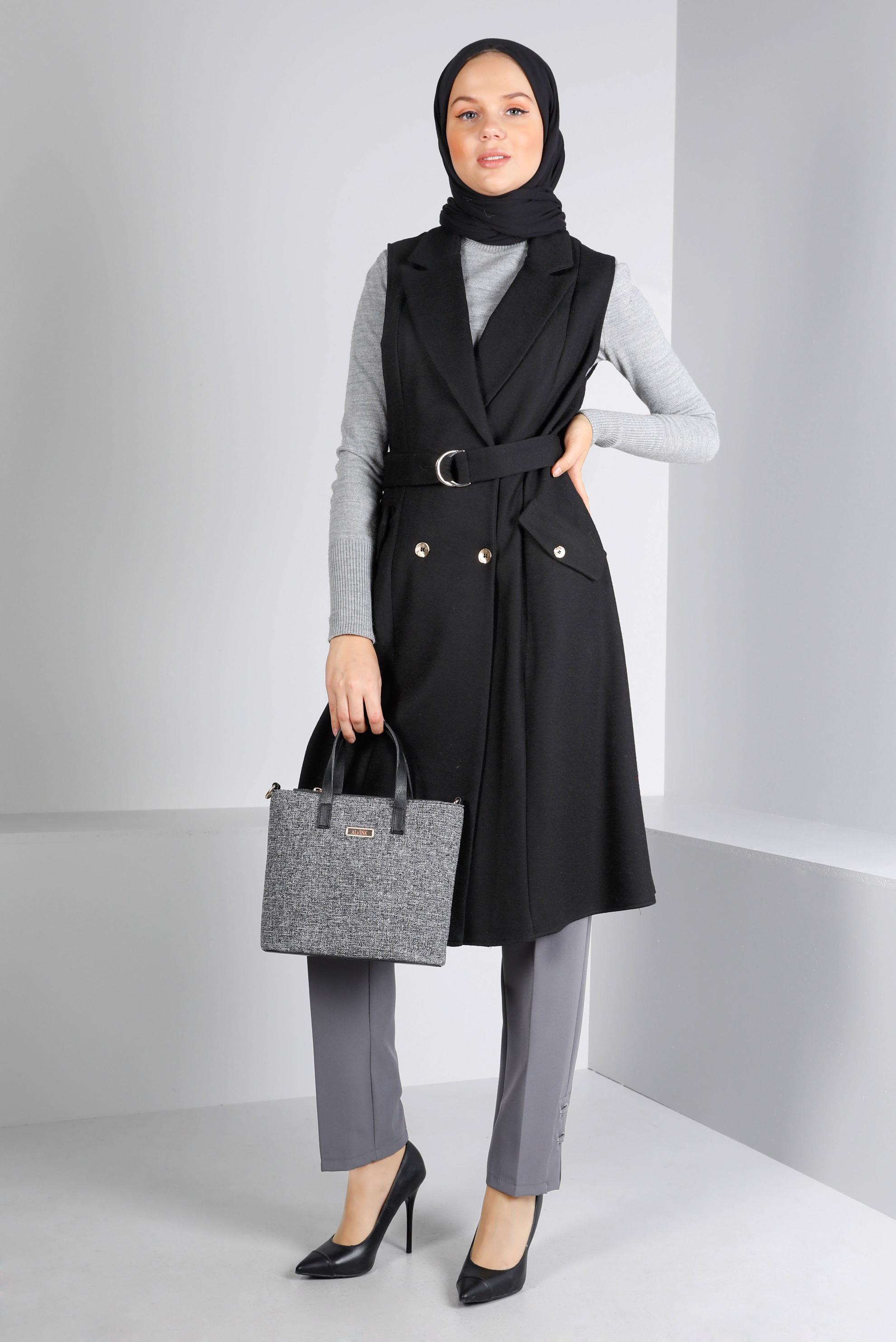 Hijab clothing BLACK DOUBLE BREASTED BELTED VEST 43433