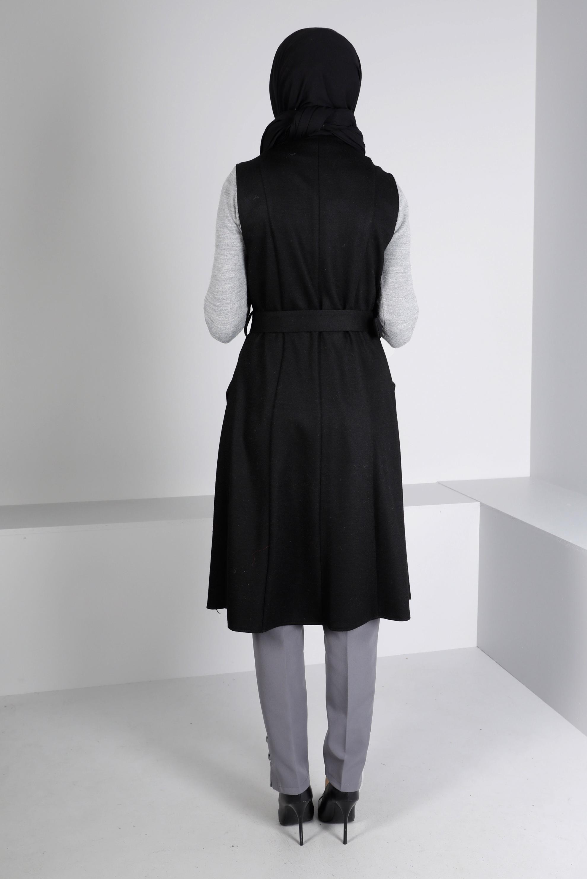 Hijab clothing BLACK DOUBLE BREASTED BELTED VEST 43433