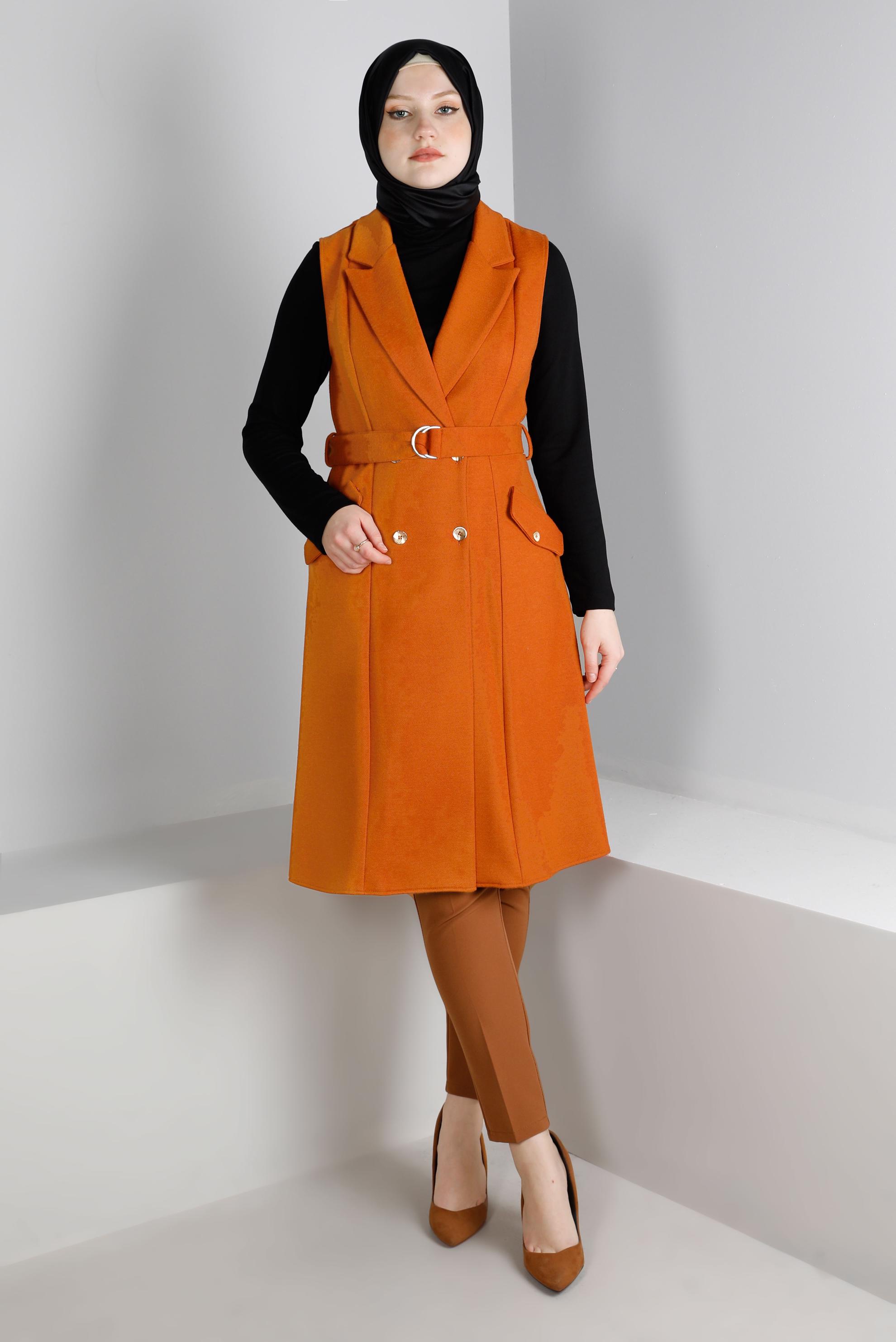 Vêtements hijab ORANGE GILET CEINTURÉ DOUBLE BOUTONNAGE 43433