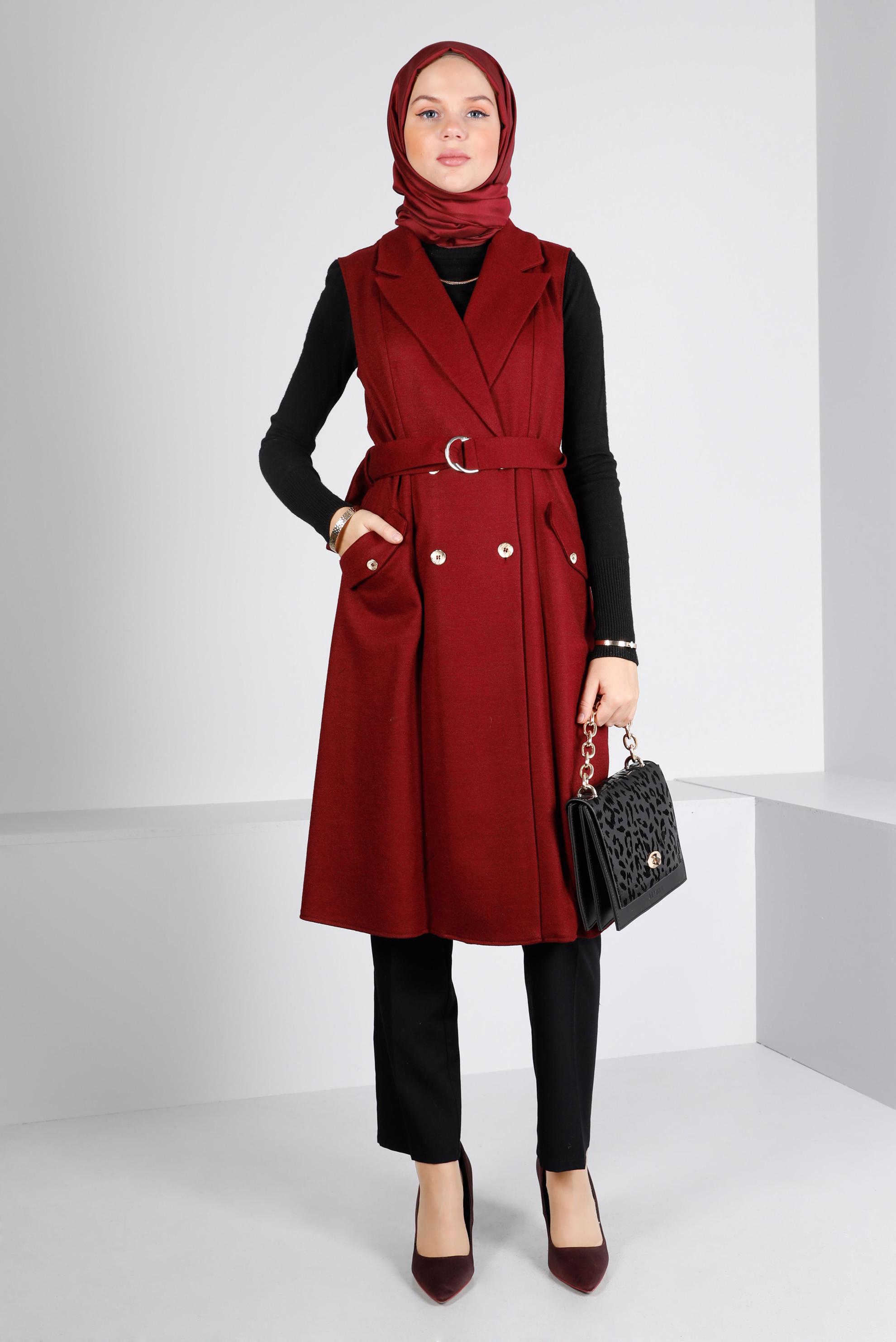 Tesettür giyim BORDO KRUVAZE YAKA KEMERLİ YELEK 43433