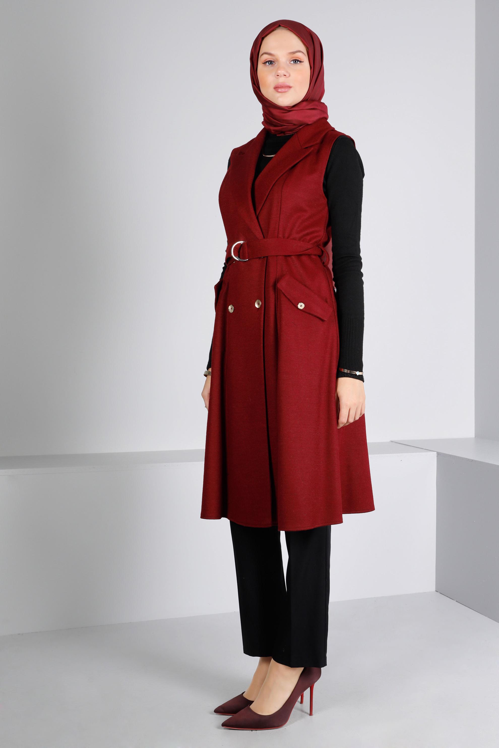 Tesettür giyim BORDO KRUVAZE YAKA KEMERLİ YELEK 43433