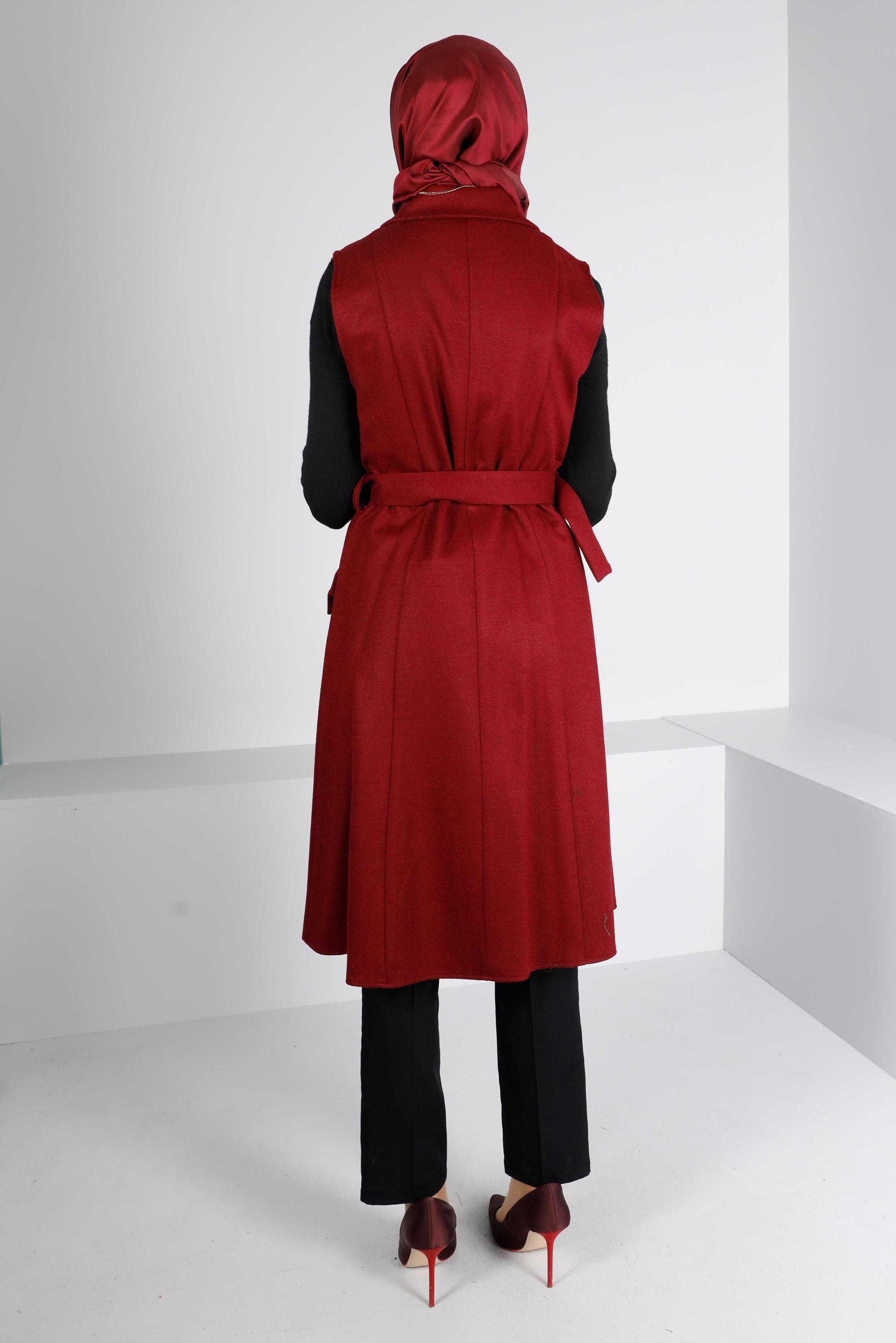 Tesettür giyim BORDO KRUVAZE YAKA KEMERLİ YELEK 43433