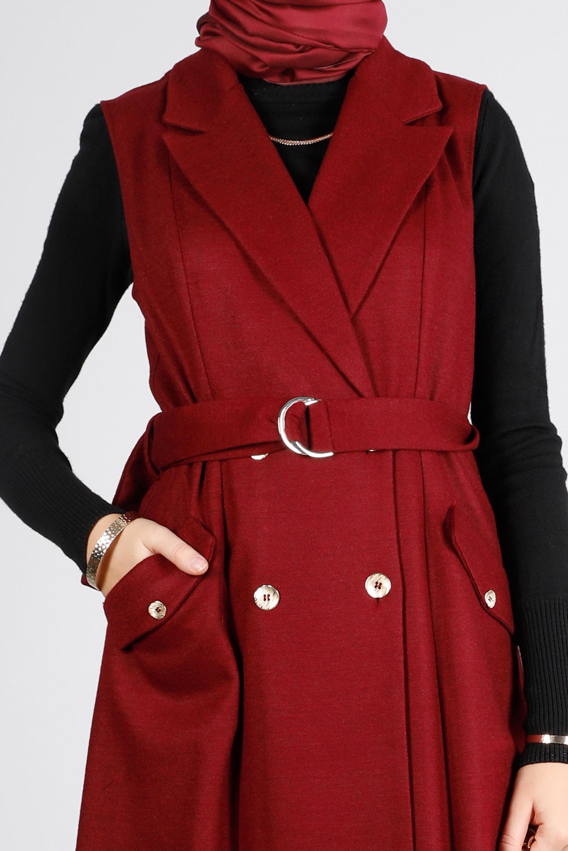 Tesettür giyim BORDO KRUVAZE YAKA KEMERLİ YELEK 43433