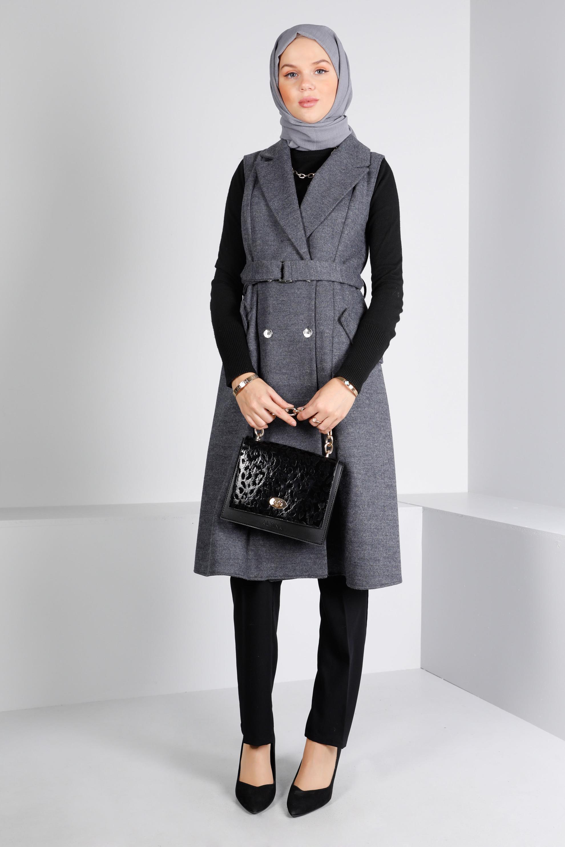 Tesettür giyim GRİ KRUVAZE YAKA KEMERLİ YELEK 43433