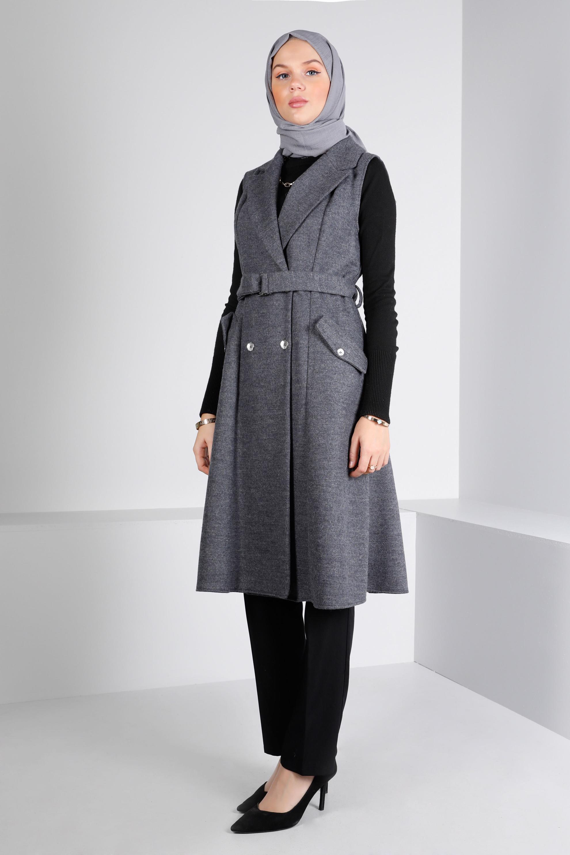 Tesettür giyim GRİ KRUVAZE YAKA KEMERLİ YELEK 43433