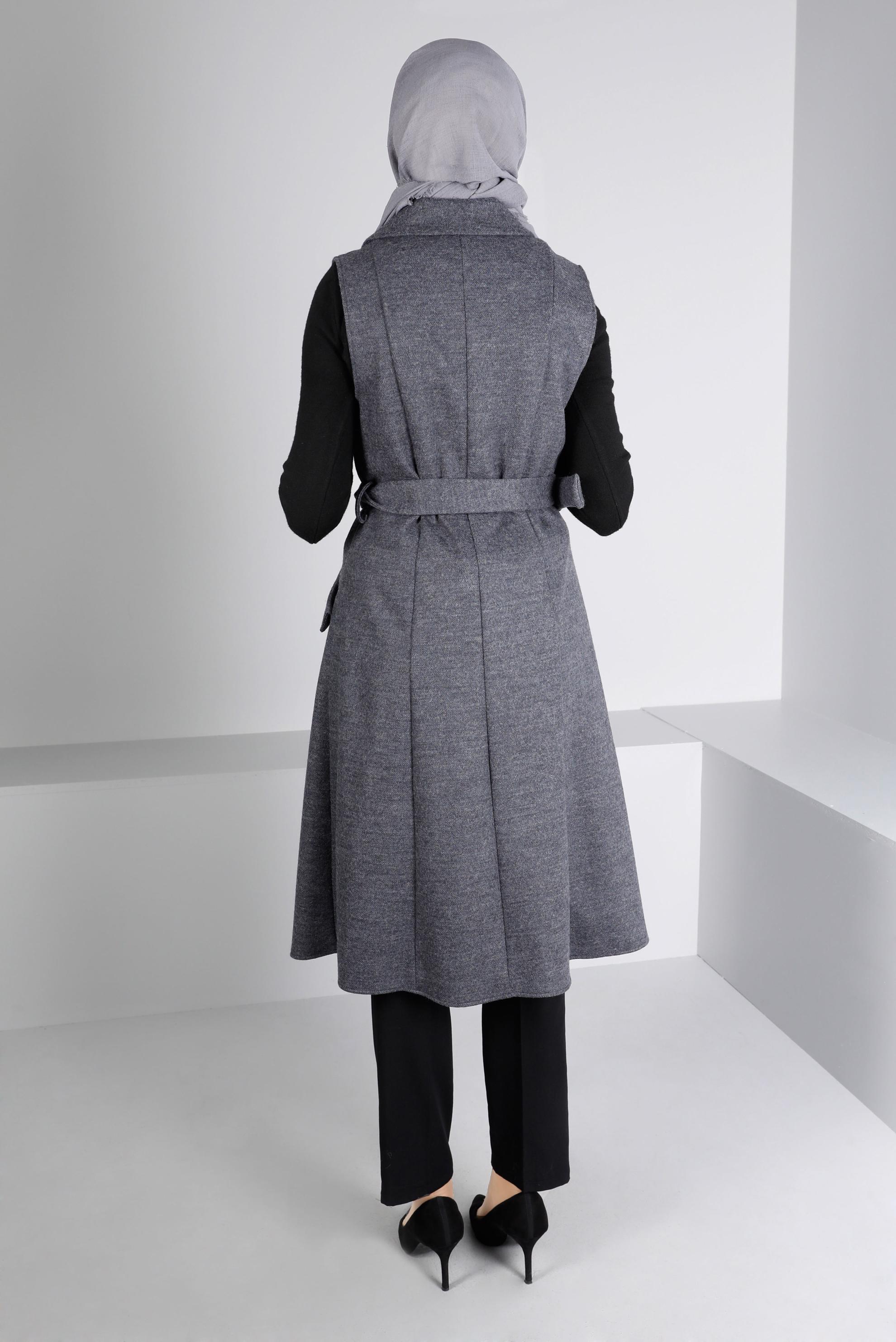 Tesettür giyim GRİ KRUVAZE YAKA KEMERLİ YELEK 43433