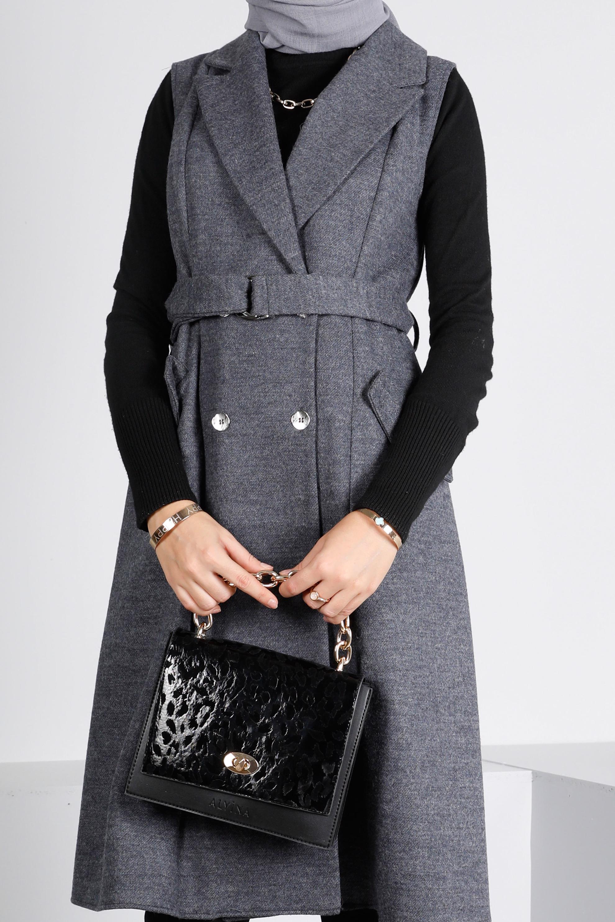 Tesettür giyim GRİ KRUVAZE YAKA KEMERLİ YELEK 43433