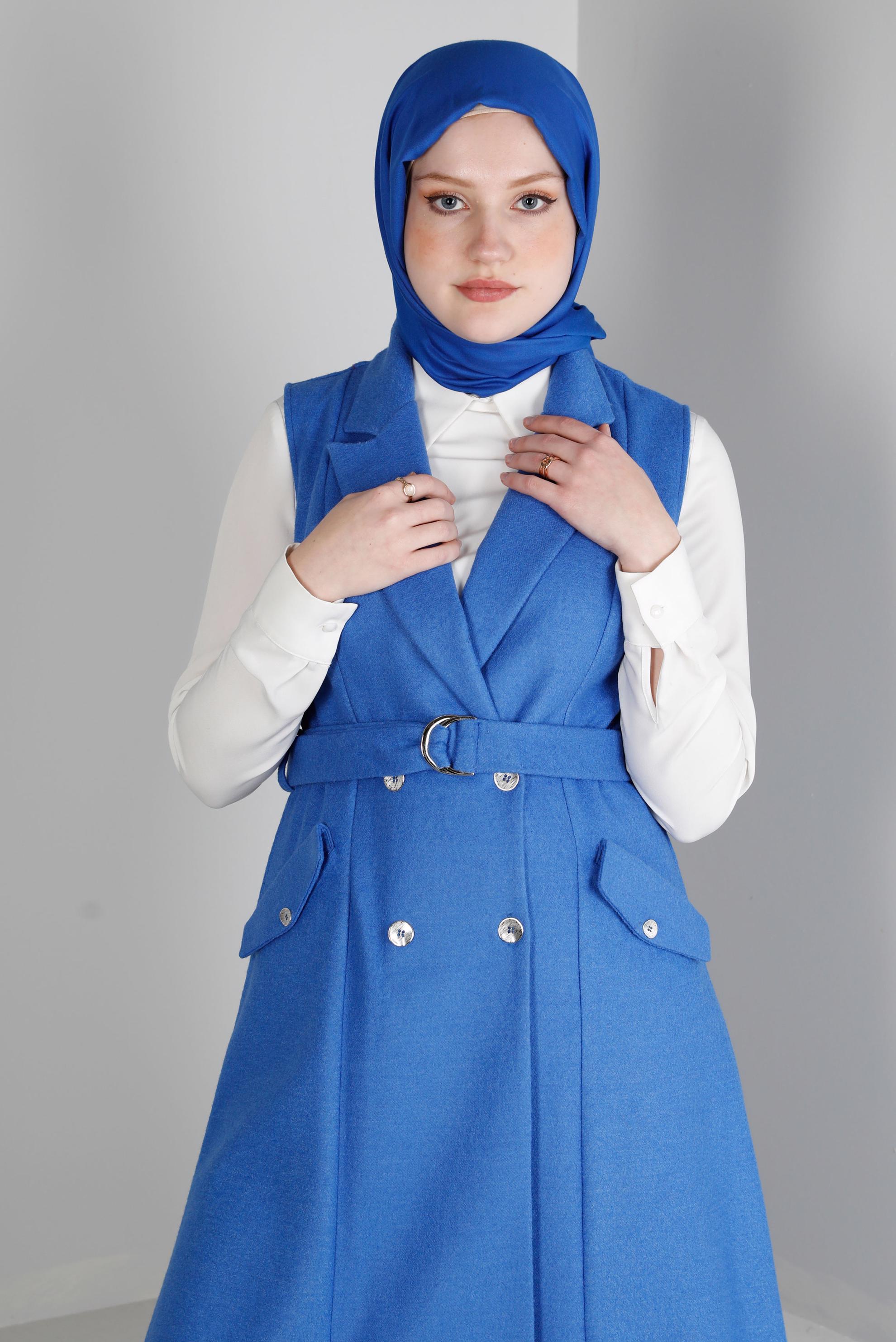 Vêtements hijab BLEU GILET CEINTURÉ DOUBLE BOUTONNAGE 43433