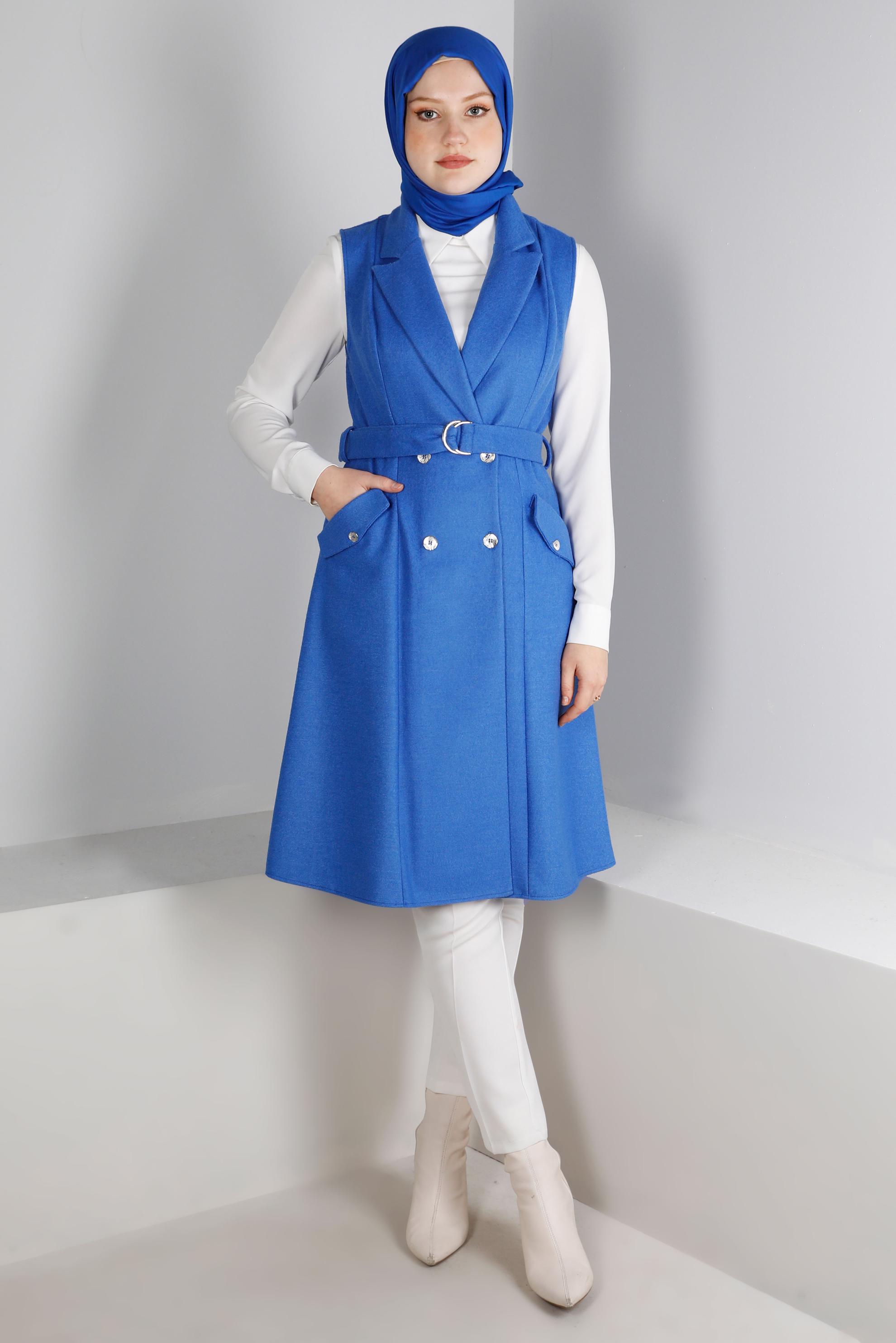 Vêtements hijab BLEU GILET CEINTURÉ DOUBLE BOUTONNAGE 43433
