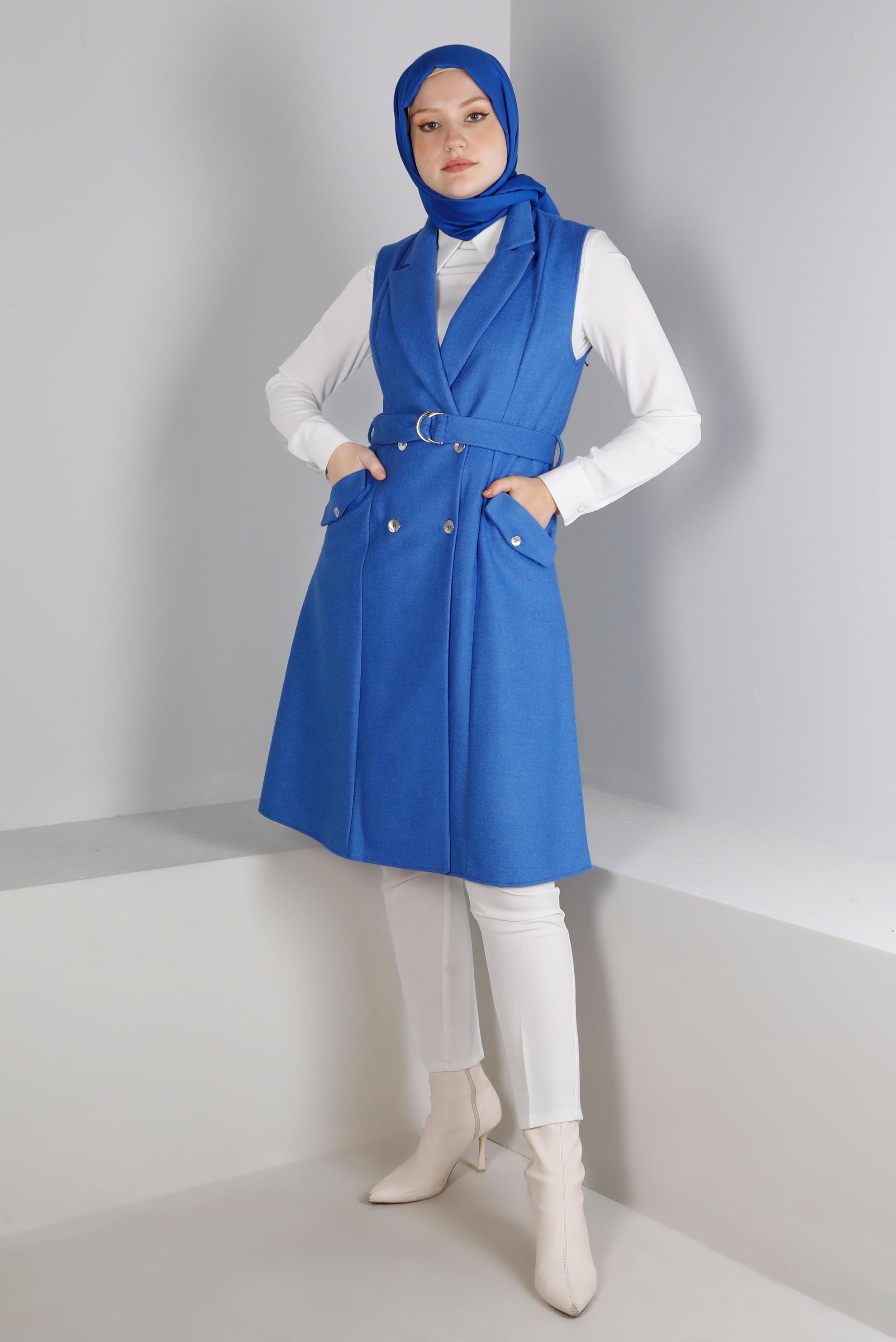 Vêtements hijab BLEU GILET CEINTURÉ DOUBLE BOUTONNAGE 43433