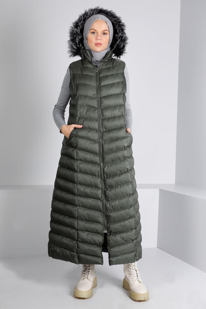 Hijab clothing KHAKI FURRY HOODED PUFFER VEST 90334 - ALVİNA