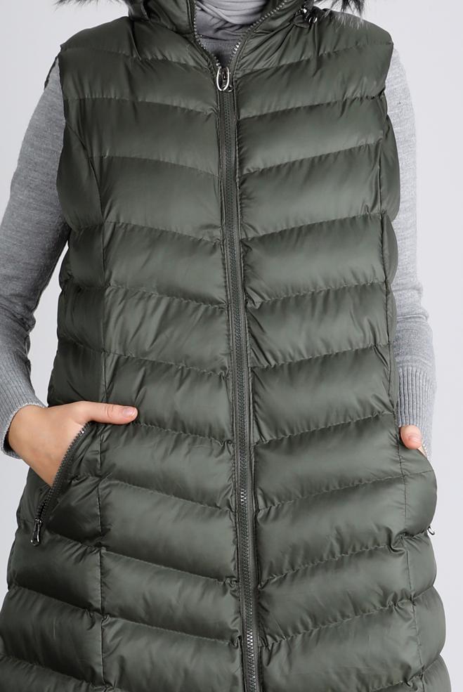 Hijab clothing KHAKI FURRY HOODED PUFFER VEST 90334 - ALVİNA
