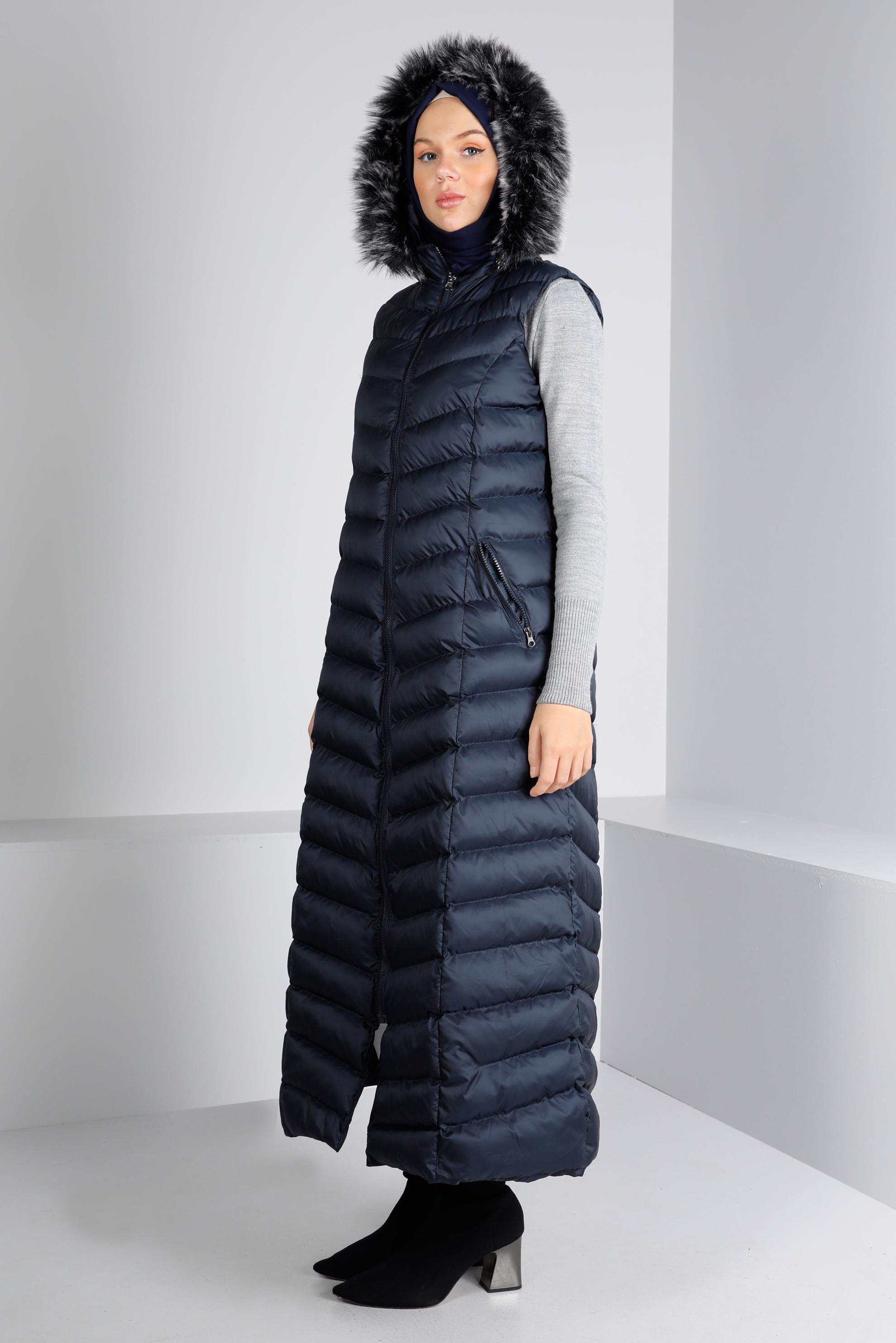 Vêtements hijab BLEU MARINE VESTE REMBOURRÉE À CAPUCHE FOURRURE 90334