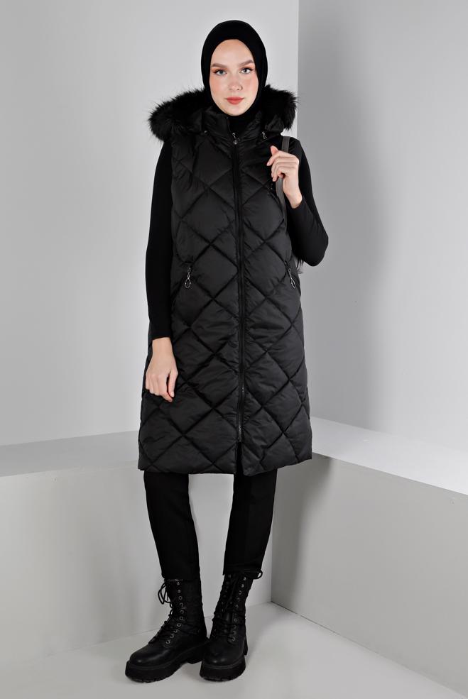 Hijab clothing BLACK HOODED QUILTED PUFFER VEST 90336  - ALVİNA