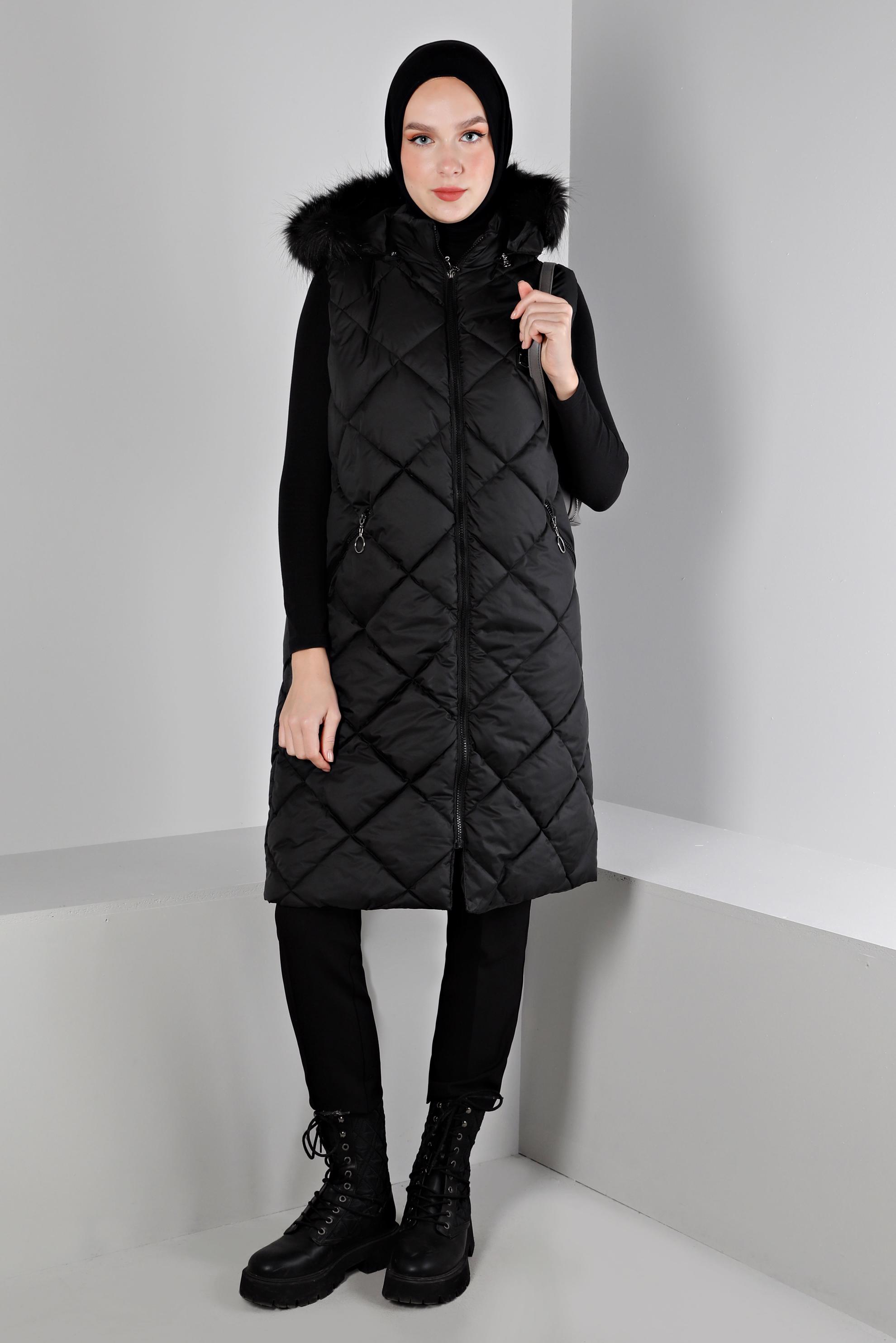 Hijab clothing BLACK HOODED QUILTED PUFFER VEST 90336 