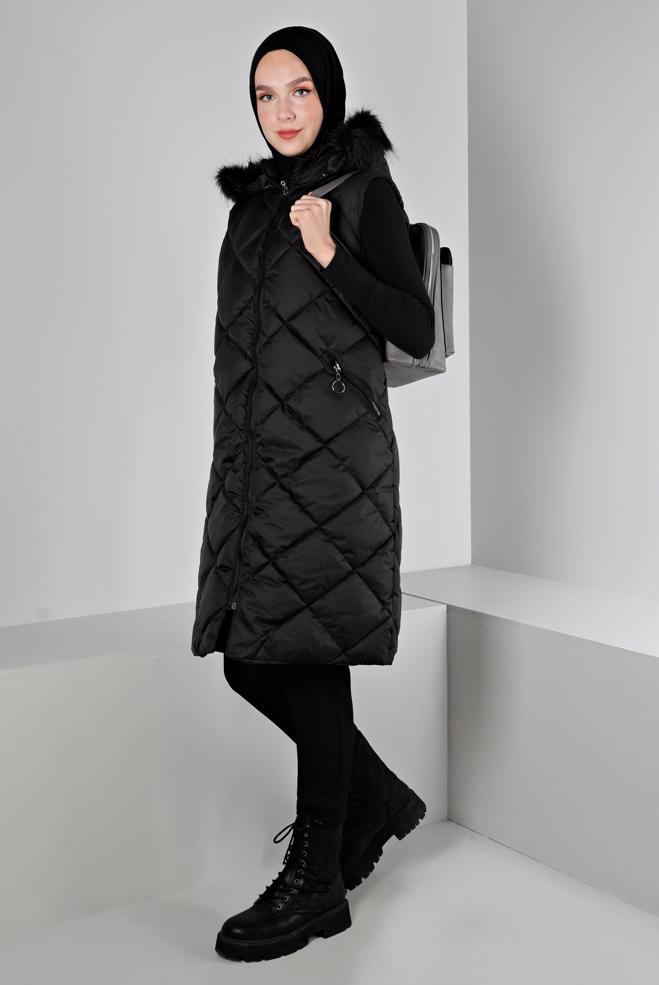 Hijab clothing BLACK HOODED QUILTED PUFFER VEST 90336  - ALVİNA