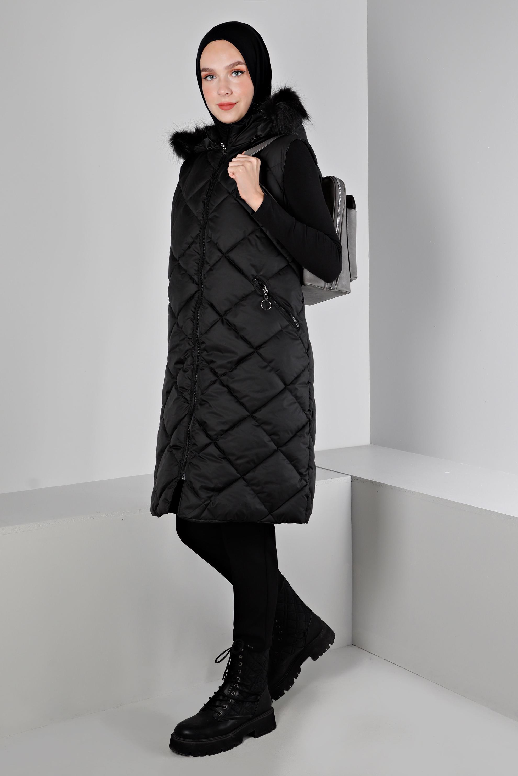 Hijab clothing BLACK HOODED QUILTED PUFFER VEST 90336 