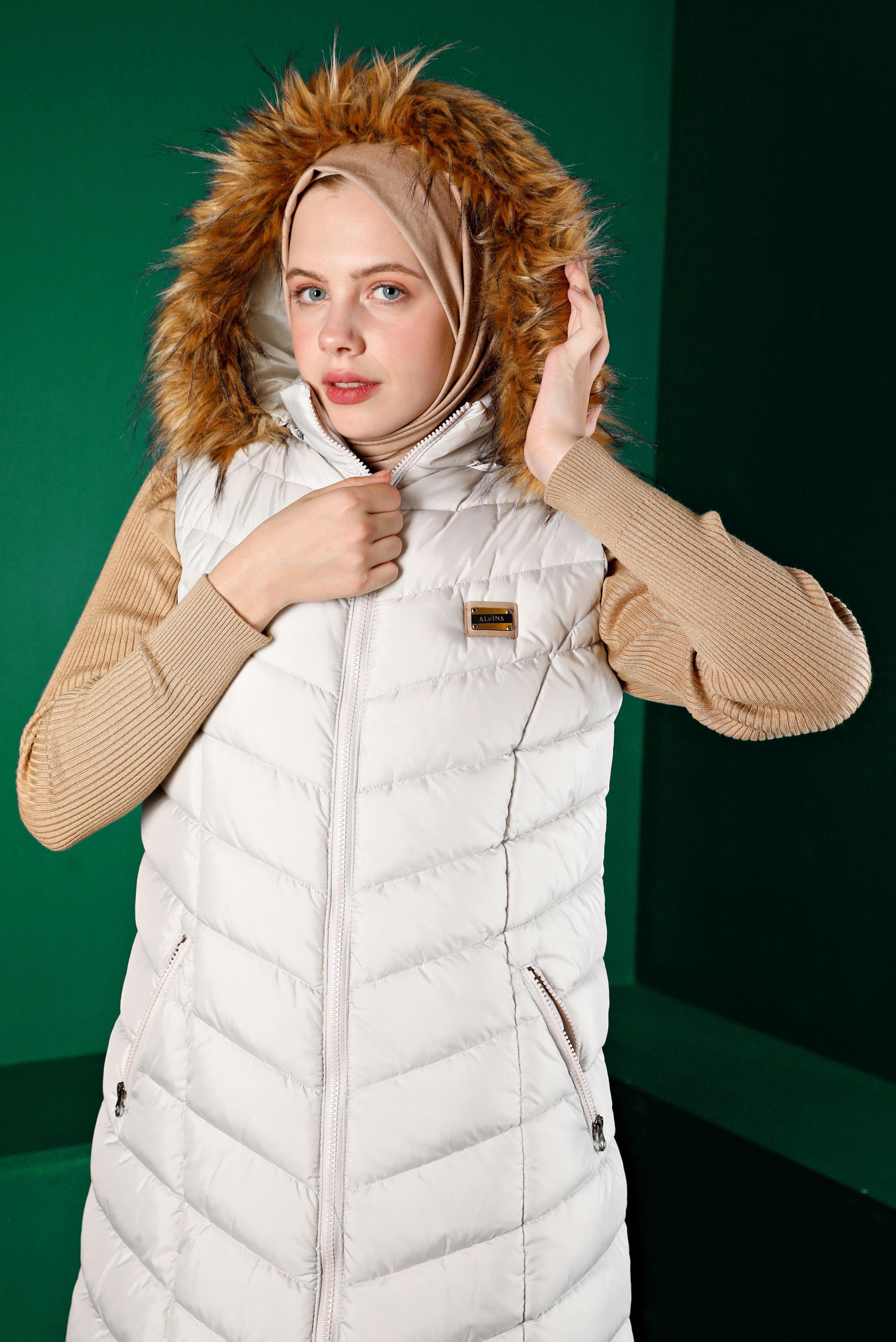 Hijab clothing BEIGE FURRY HOODED PUFFER VEST 90337 