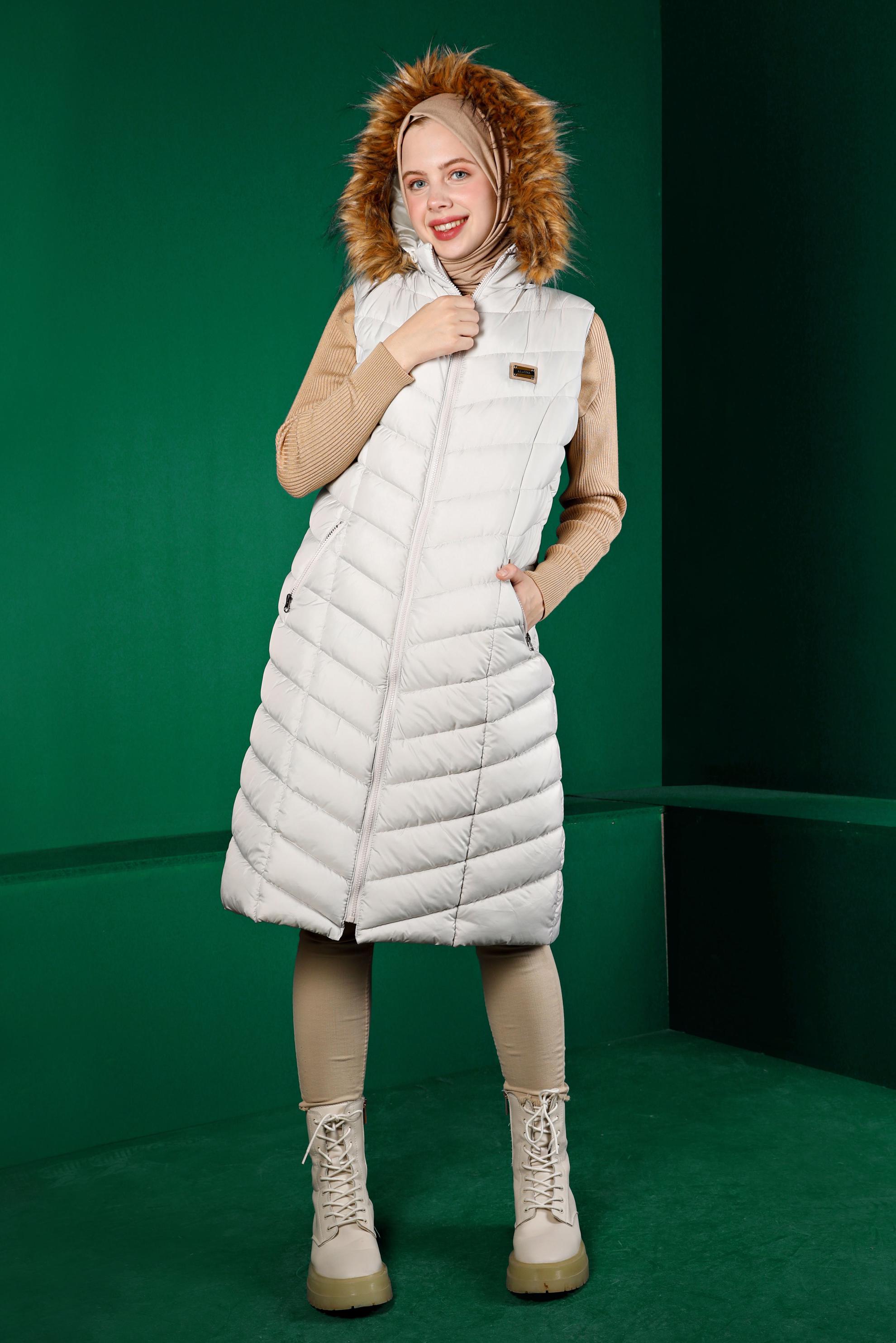 Hijab clothing BEIGE FURRY HOODED PUFFER VEST 90337 