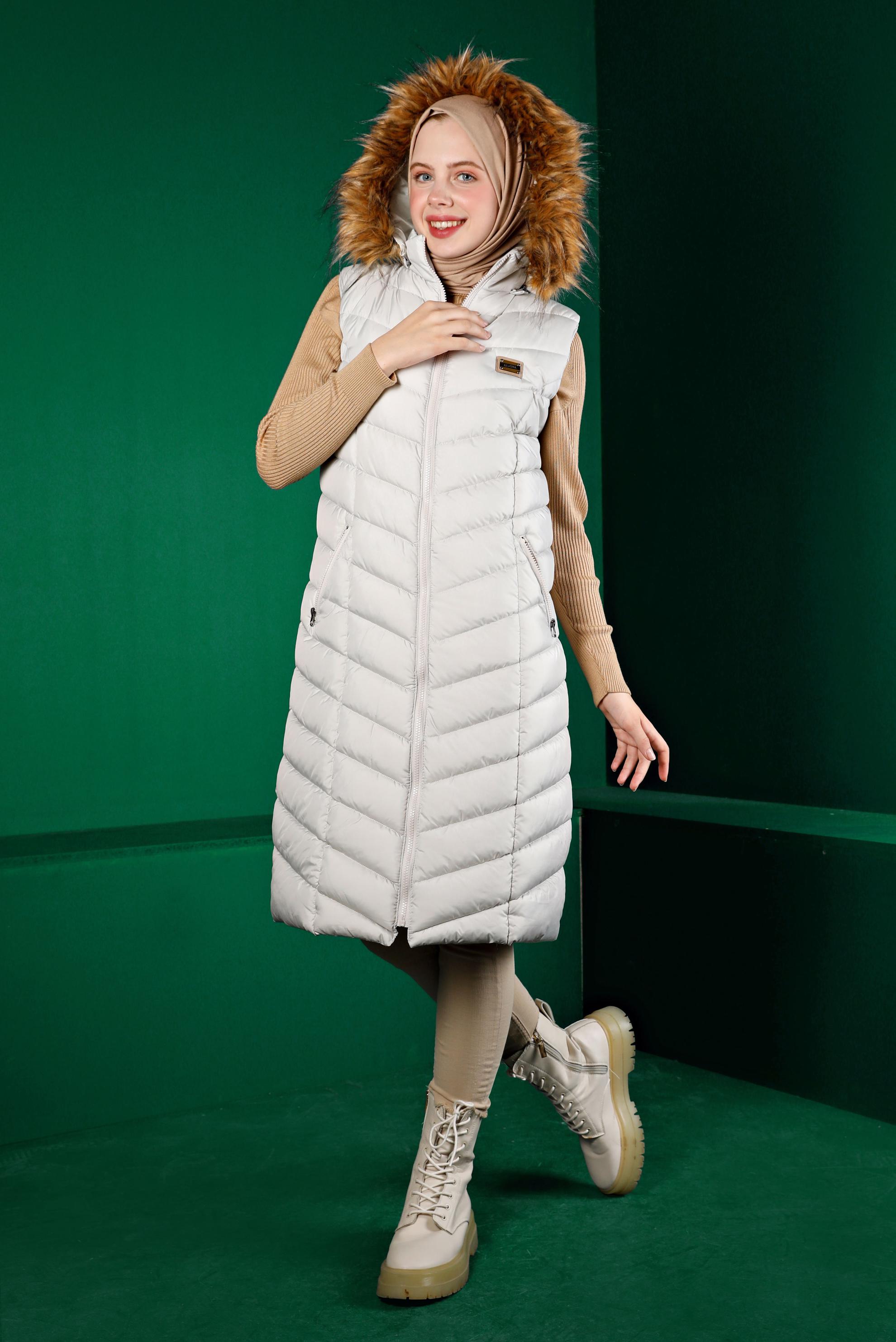 Hijab clothing BEIGE FURRY HOODED PUFFER VEST 90337 