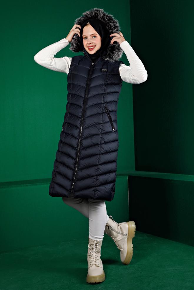 Hijab clothing NAVY BLUE FURRY HOODED PUFFER VEST 90337  - ALVİNA